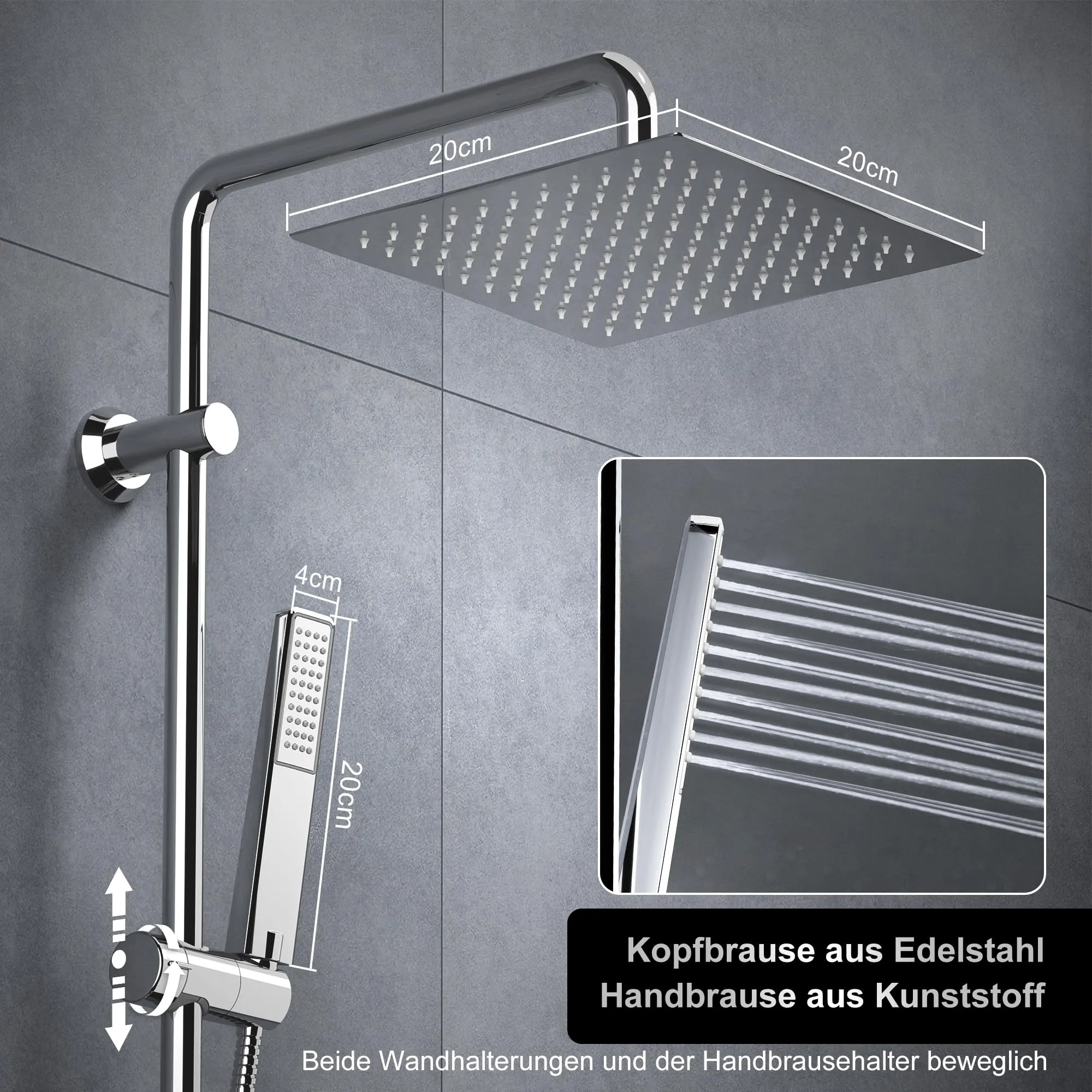 Görbach Colonna Doccia in Acciaio Inox con Soffione 20×20 cm, Doccetta a Mano e Mensola, Cromo - immagine 3