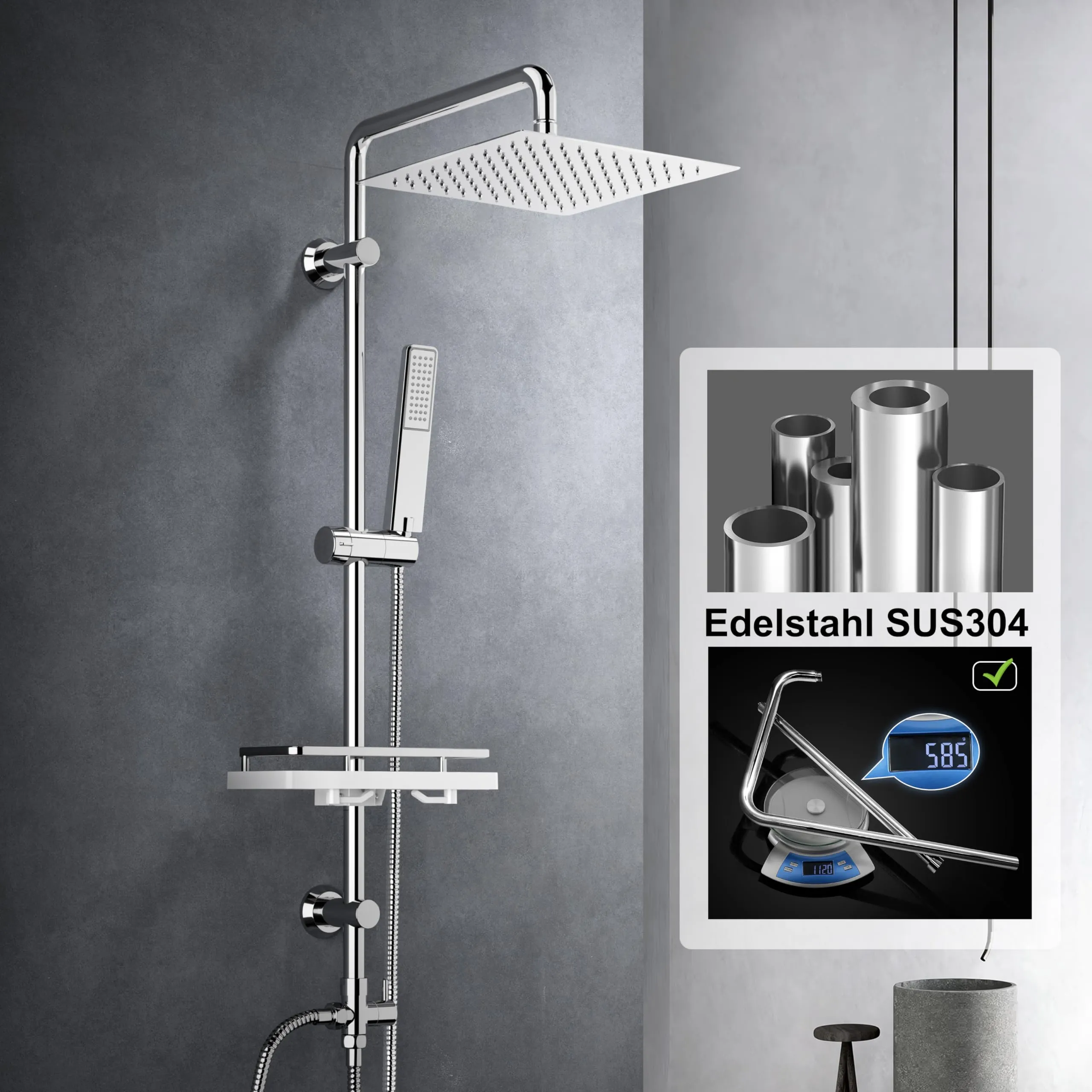 Görbach Colonna Doccia in Acciaio Inox con Soffione 20×20 cm, Doccetta a Mano e Mensola, Cromo - immagine 4
