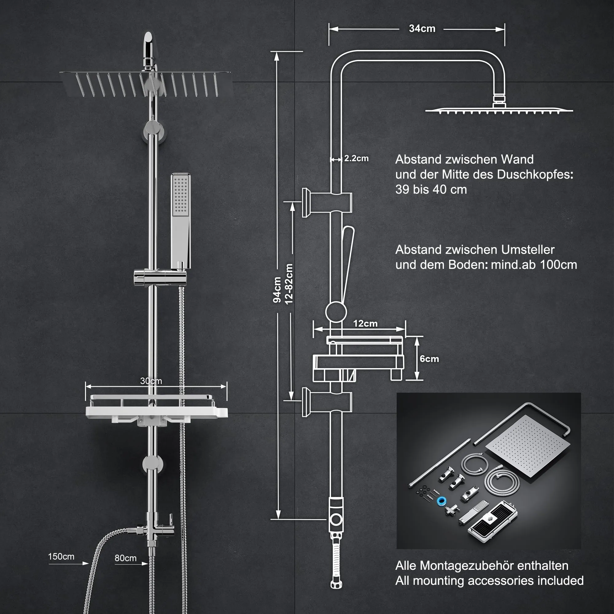 Görbach Colonna Doccia in Acciaio Inox con Soffione 20×20 cm, Doccetta a Mano e Mensola, Cromo - immagine 7
