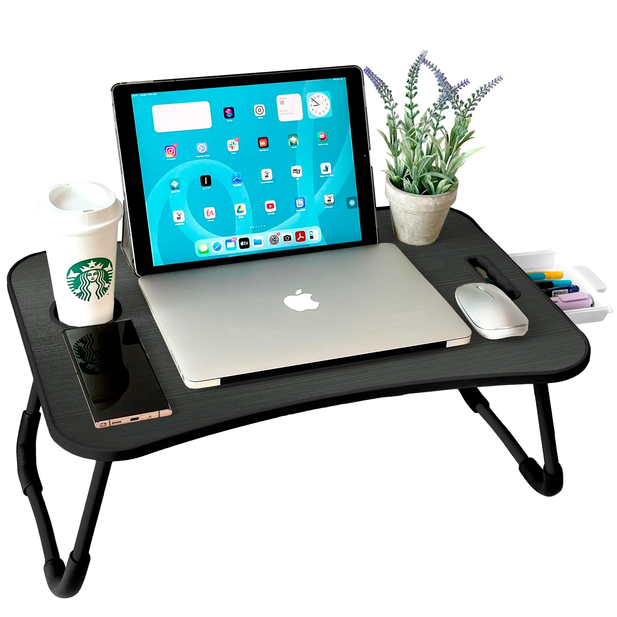 unycos Tavolino Pieghevole da Letto 60x40x26 cm, Nero, con Cassetto - immagine 1