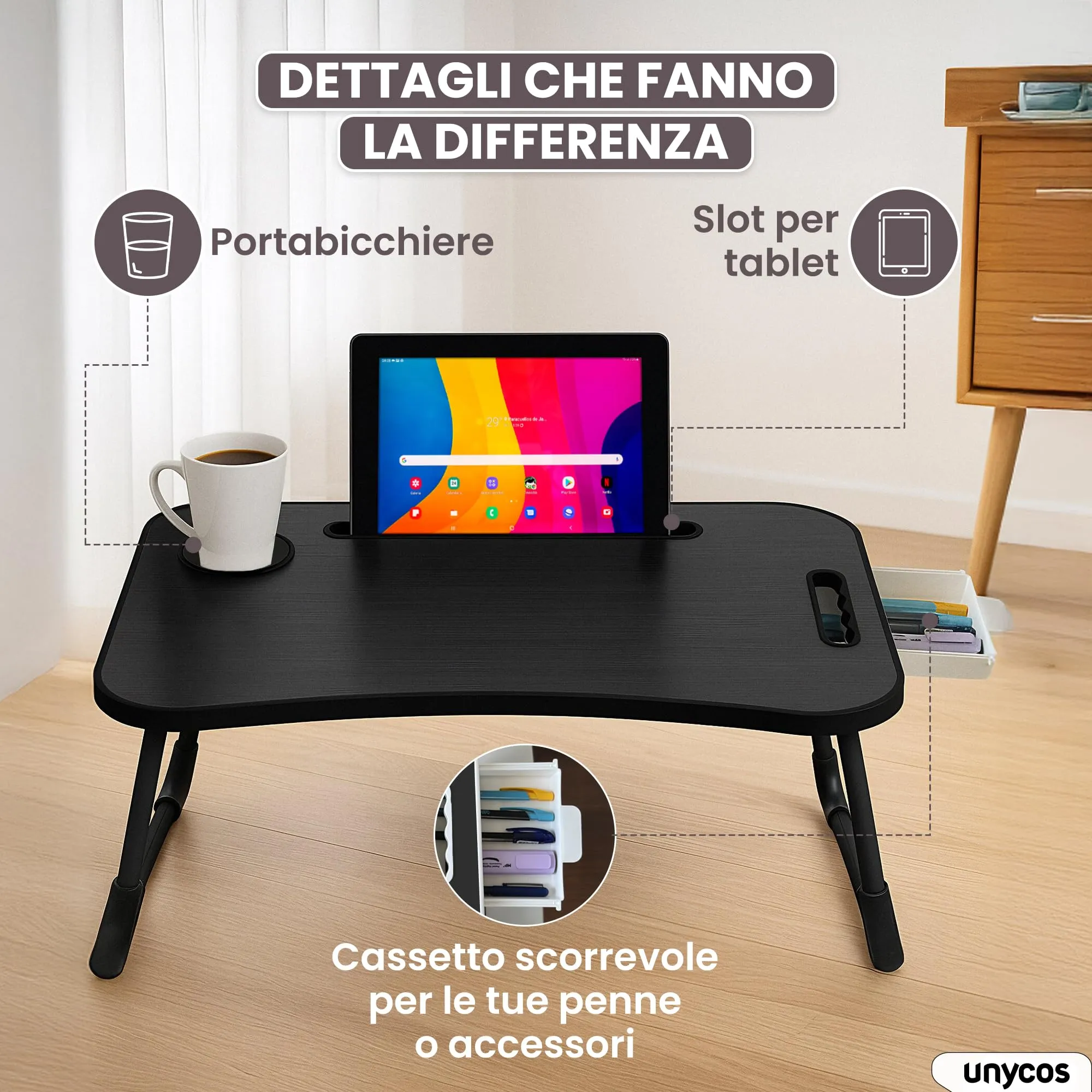 unycos Tavolino Pieghevole da Letto 60x40x26 cm, Nero, con Cassetto - immagine 4
