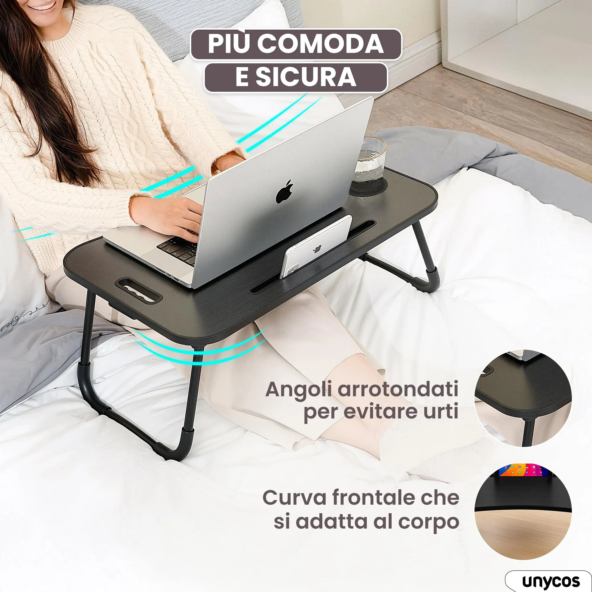 unycos Tavolino Pieghevole da Letto 60x40x26 cm, Nero, con Cassetto - immagine 5