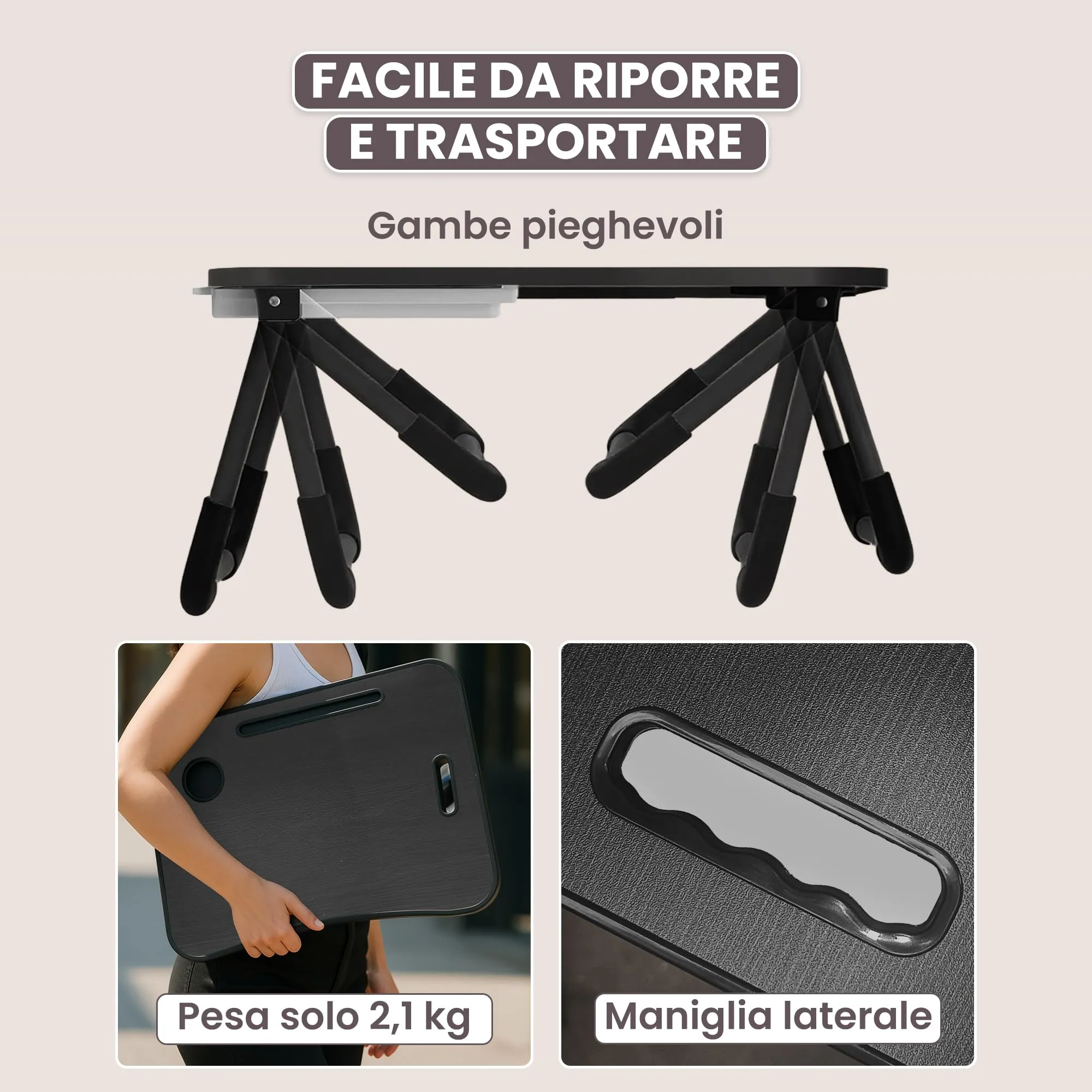 unycos Tavolino Pieghevole da Letto 60x40x26 cm, Nero, con Cassetto - immagine 6