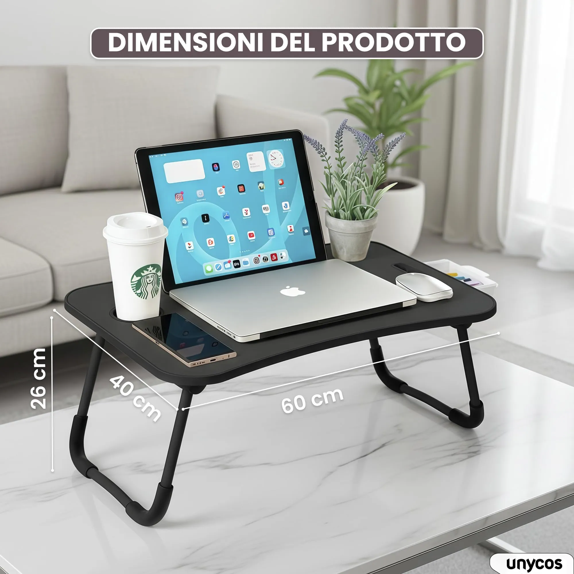 unycos Tavolino Pieghevole da Letto 60x40x26 cm, Nero, con Cassetto - immagine 7