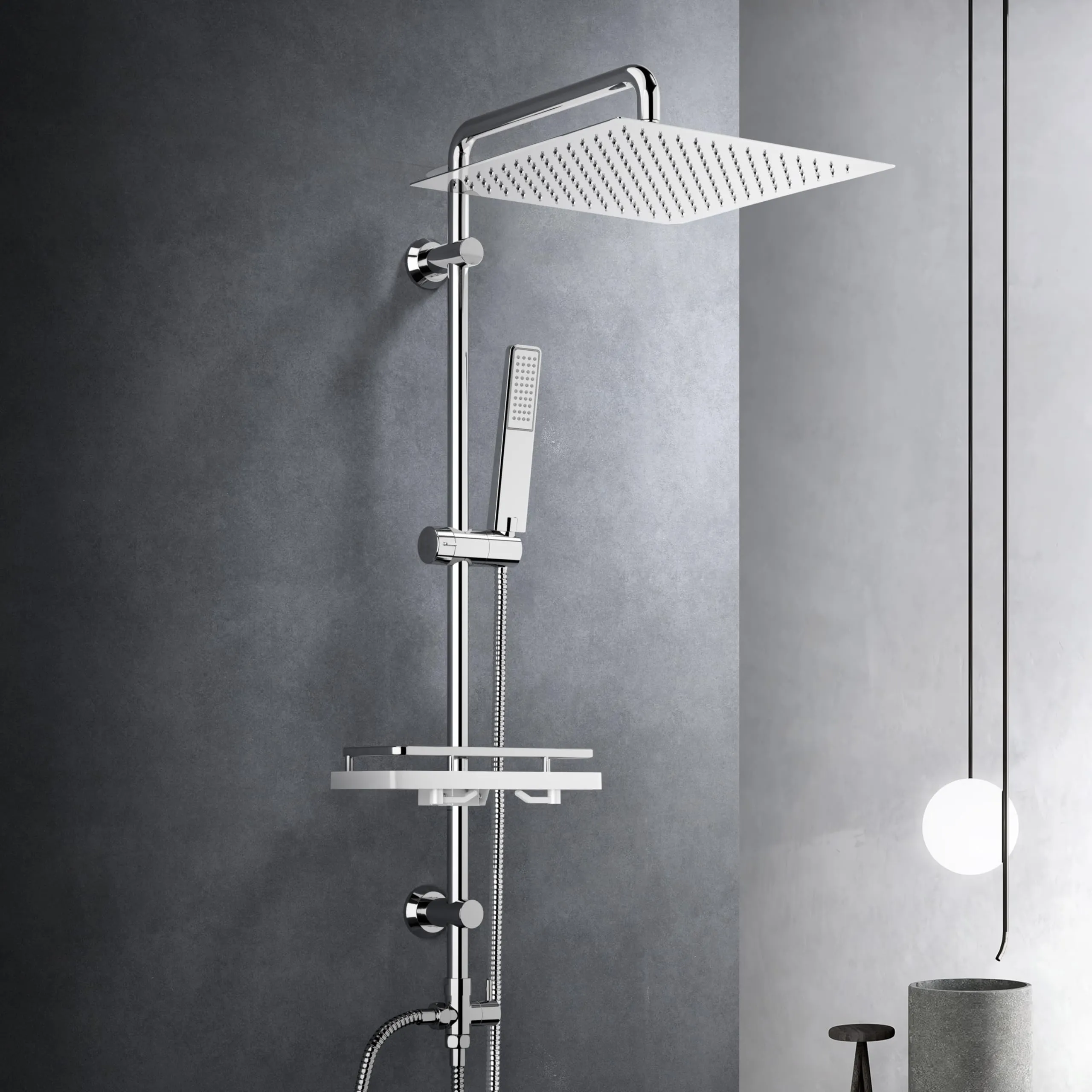 Görbach Colonna Doccia in Acciaio Inox Cromo con Soffione 30x30 cm, Doccetta e Mensola, senza Miscelatore - immagine 1