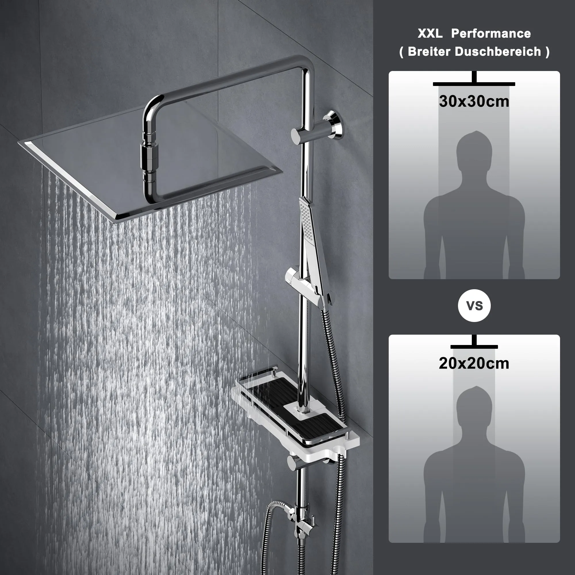 Görbach Colonna Doccia in Acciaio Inox Cromo con Soffione 30x30 cm, Doccetta e Mensola, senza Miscelatore - immagine 2