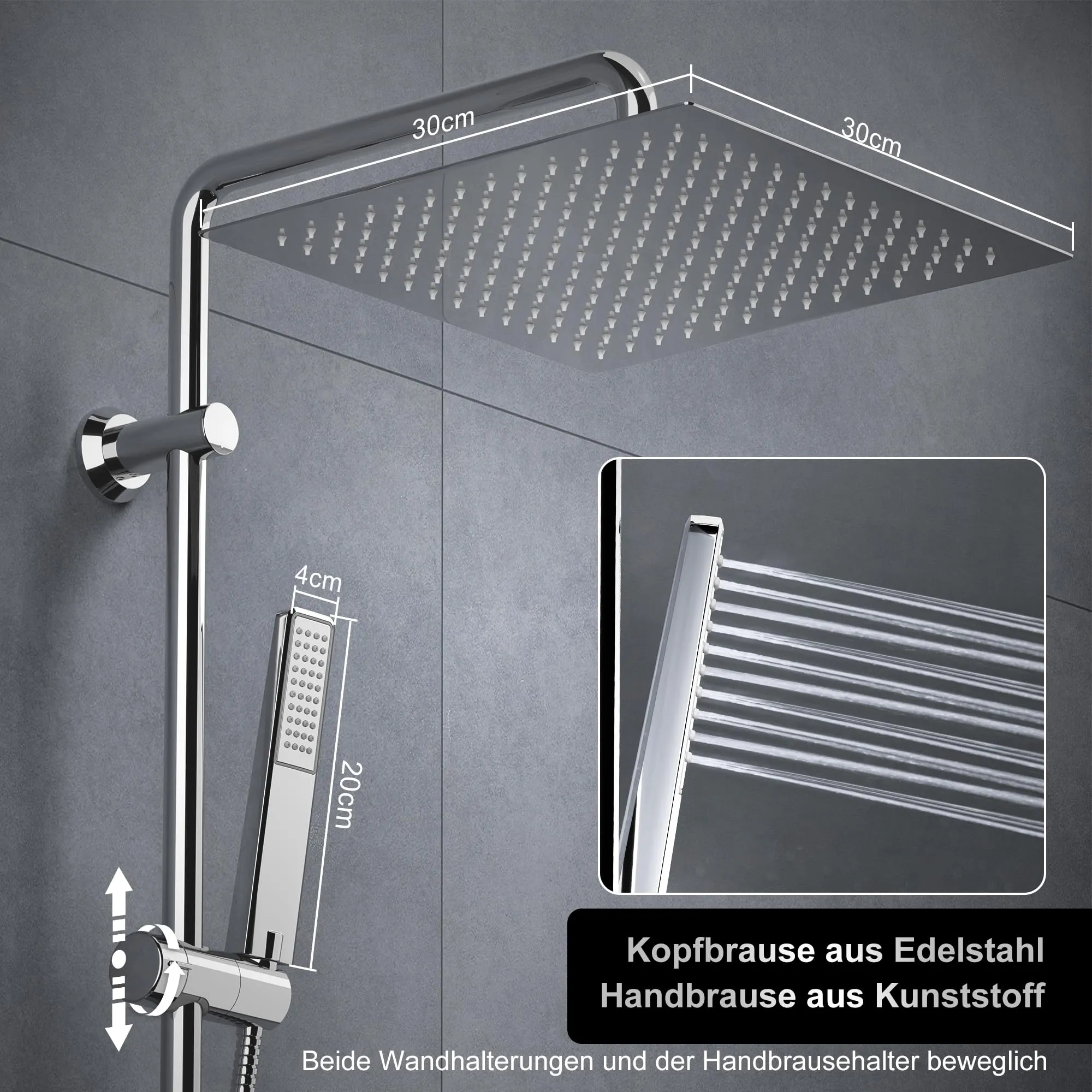 Görbach Colonna Doccia in Acciaio Inox Cromo con Soffione 30x30 cm, Doccetta e Mensola, senza Miscelatore - immagine 3