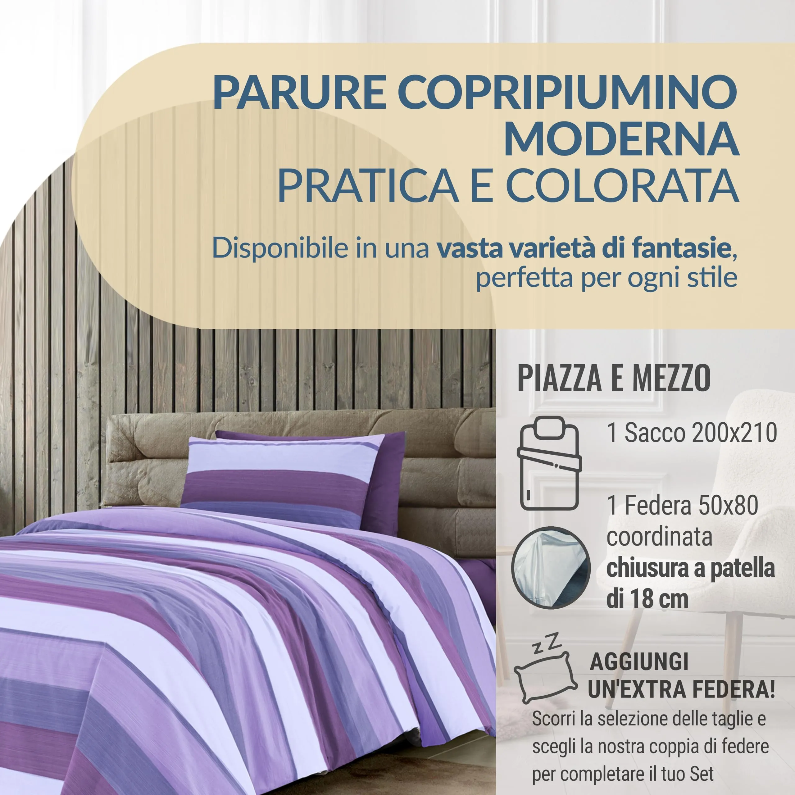 Dorian Home Set Copripiumino Una Piazza e Mezza 200x210 cm in Cotone con Federa, Garda Viola - immagine 2