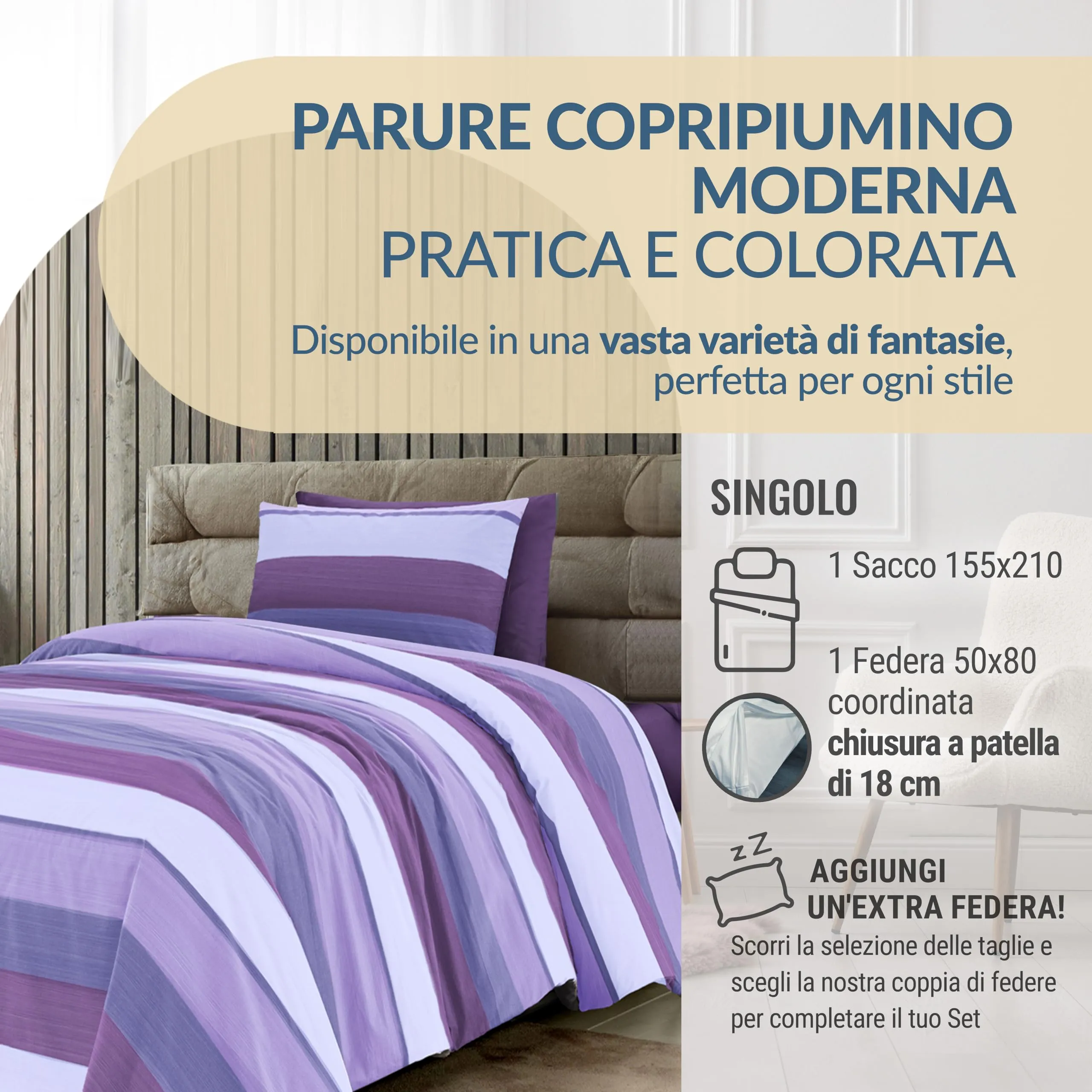 Dorian Home Copripiumino Singolo in Cotone 155x210 cm con Federa, Garda Viola - immagine 2