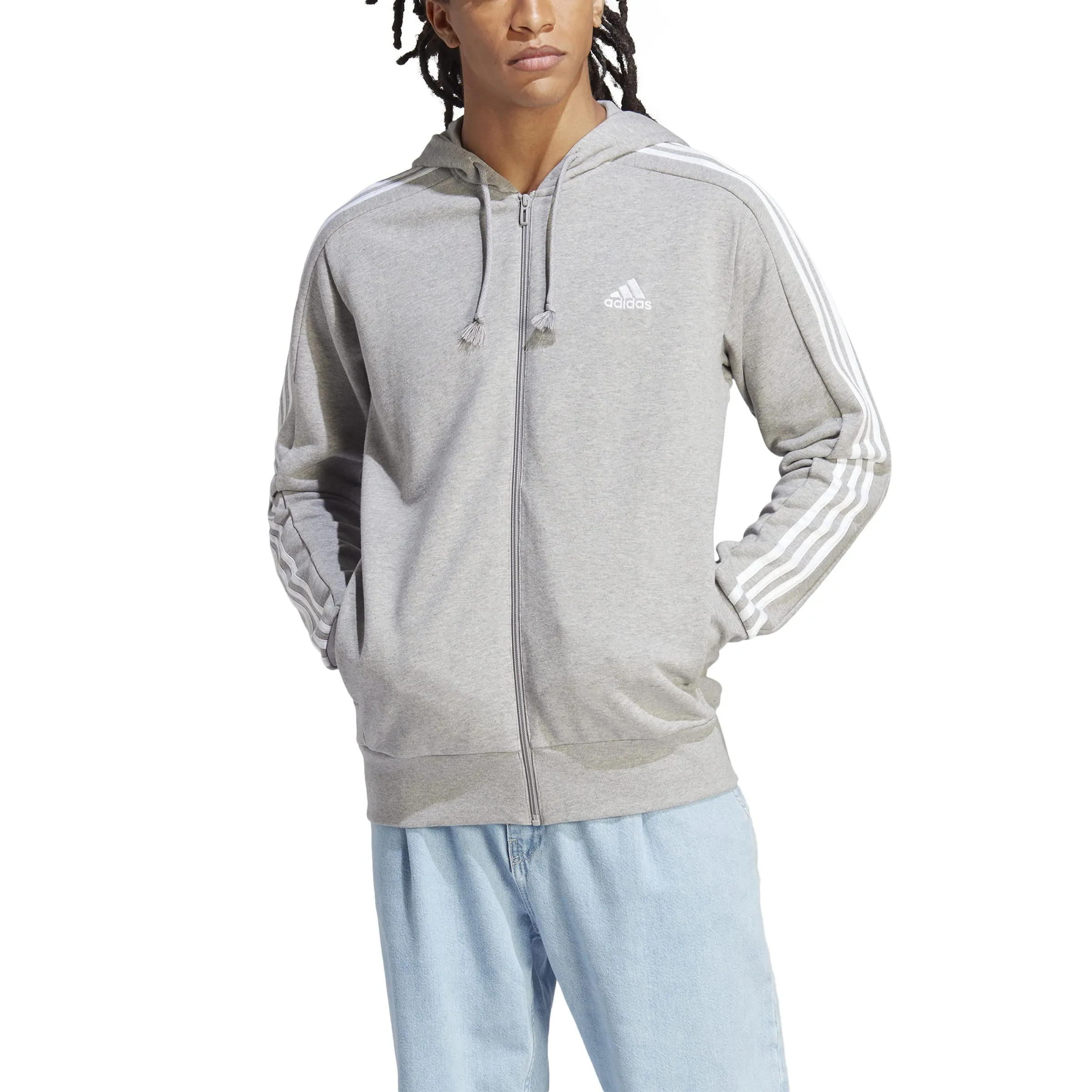 adidas Essentials French Terry 3-Stripes Full-Zip Hoodie - Medium Grey Heather/White - L - immagine 4