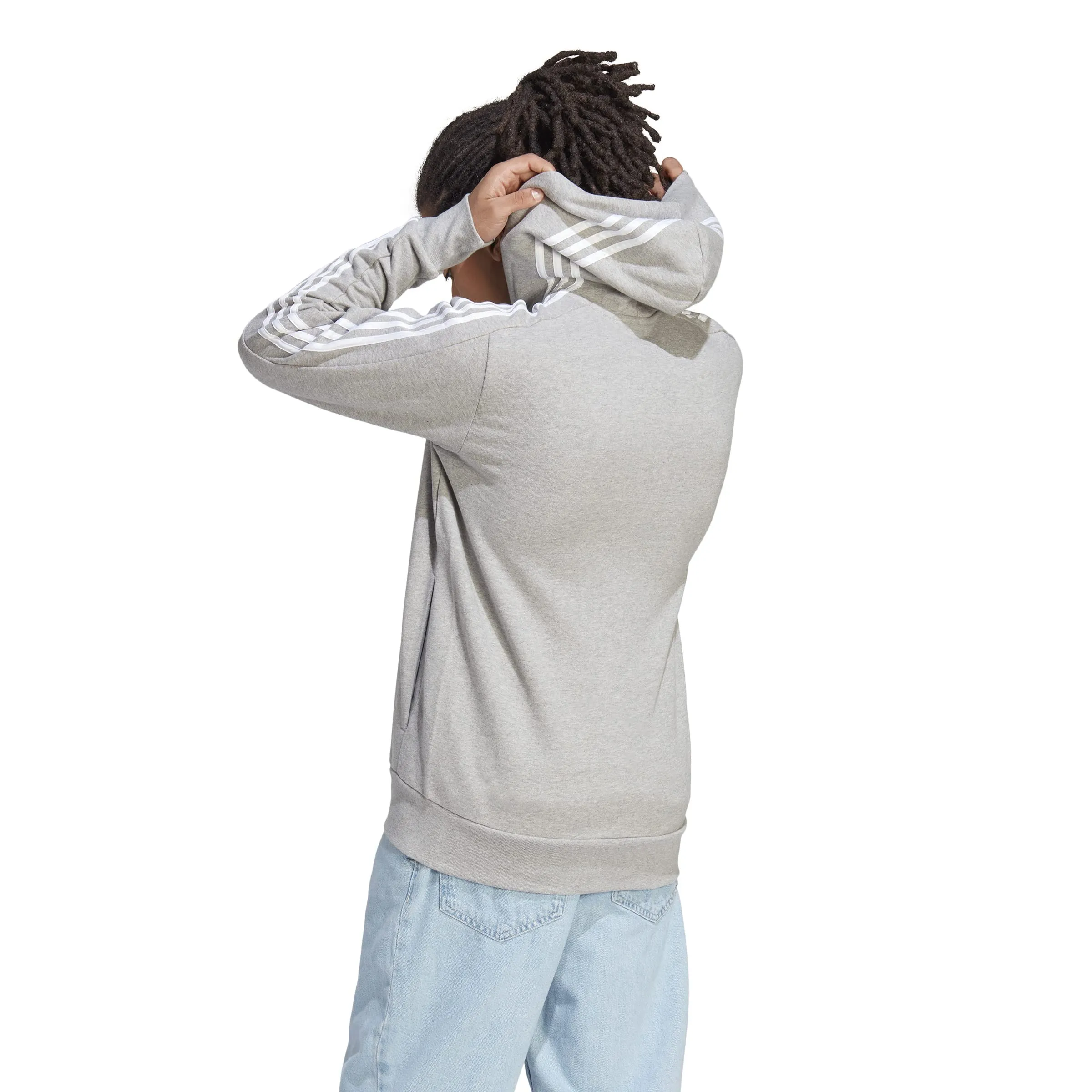 adidas Essentials French Terry 3-Stripes Full-Zip Hoodie - Medium Grey Heather/White - L - immagine 5