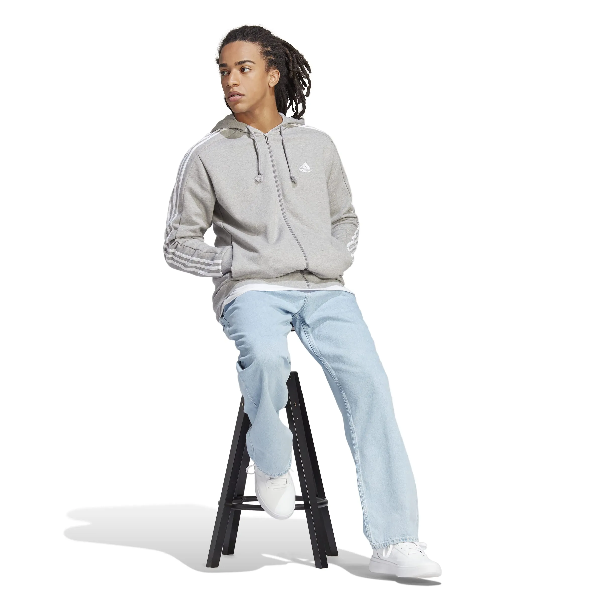 adidas Essentials French Terry 3-Stripes Full-Zip Hoodie - Medium Grey Heather/White - L - immagine 6