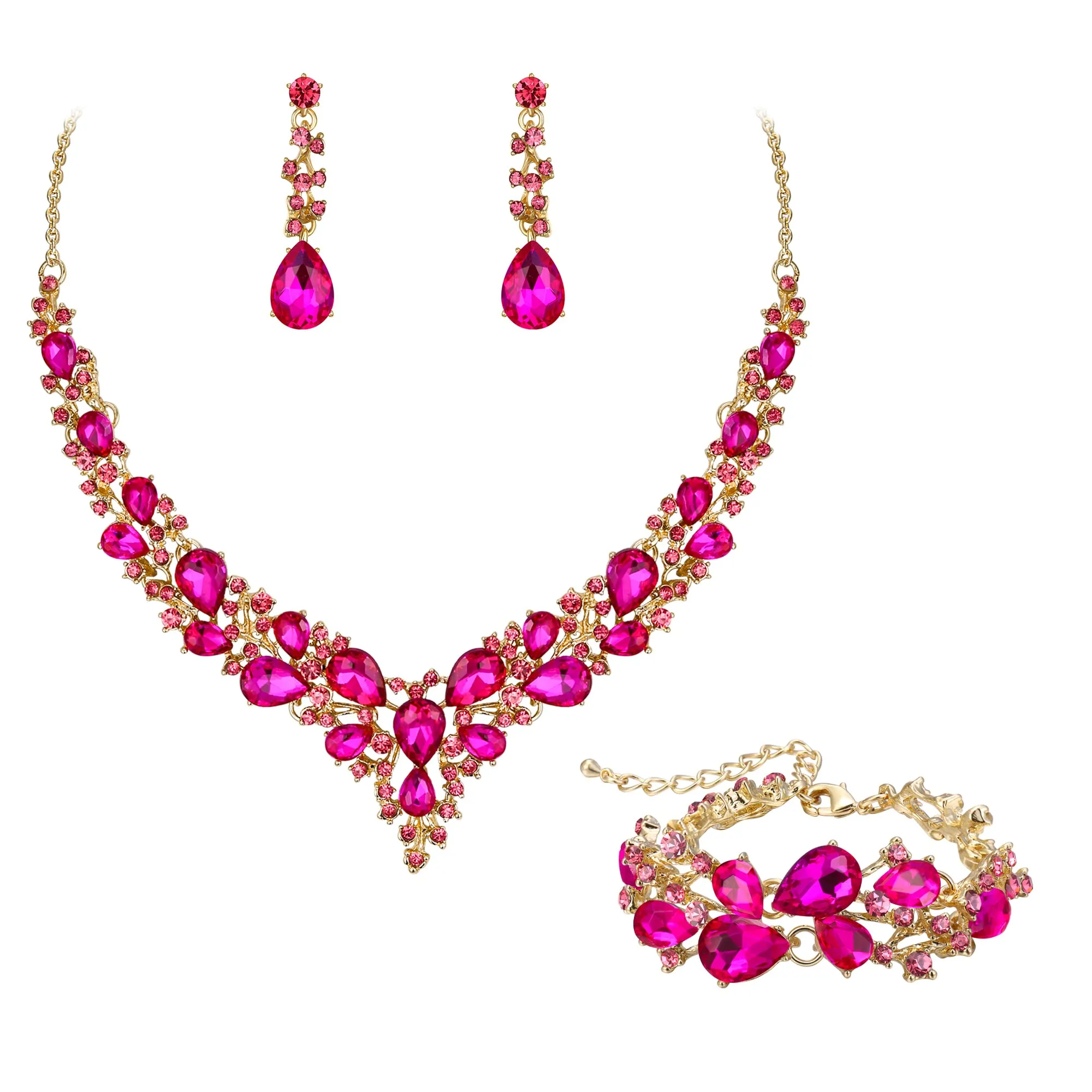 EVER FAITH Set Gioielli da Sposa con Collana, Orecchini e Bracciale in Cristallo Goccia Austriaco, Fucsia Argento Fondo - immagine 1