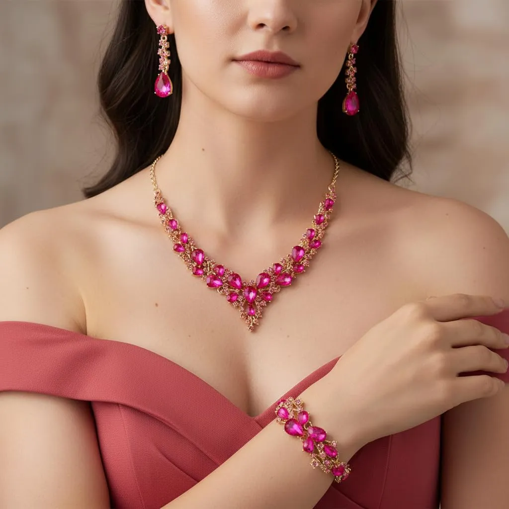 EVER FAITH Set Gioielli da Sposa con Collana, Orecchini e Bracciale in Cristallo Goccia Austriaco, Fucsia Argento Fondo - immagine 2