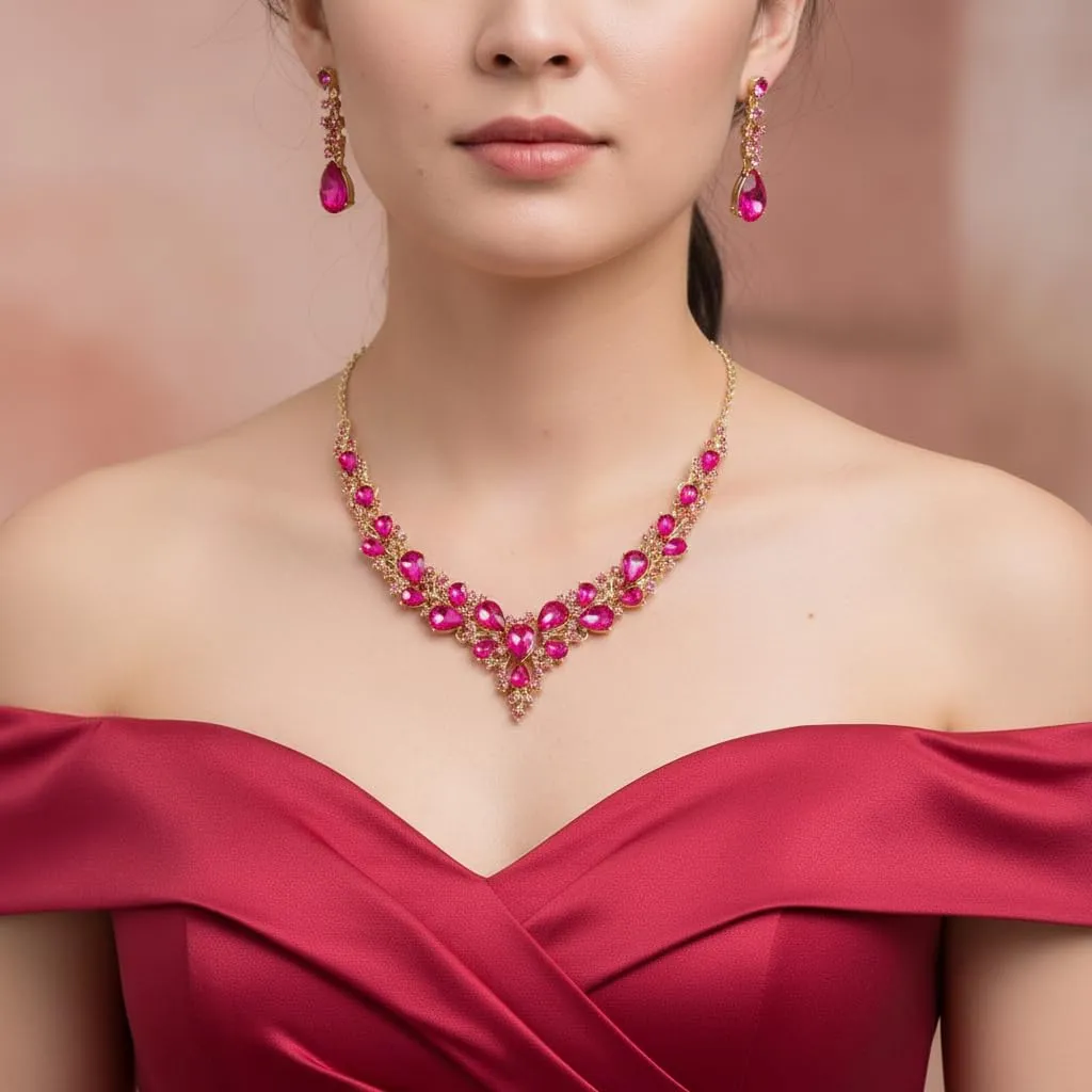 EVER FAITH Set Gioielli da Sposa con Collana, Orecchini e Bracciale in Cristallo Goccia Austriaco, Fucsia Argento Fondo - immagine 3