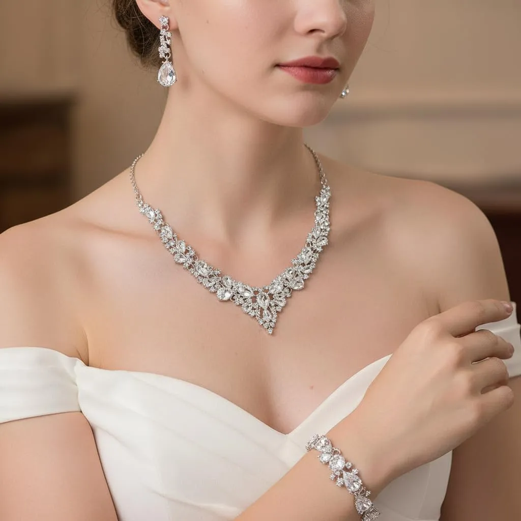 EVER FAITH Set Gioielli da Sposa con Collana a Grappolo, Orecchini Pendenti e Bracciale in Cristallo Goccia Austriaco, Bianco Argento Fondo - immagine 2