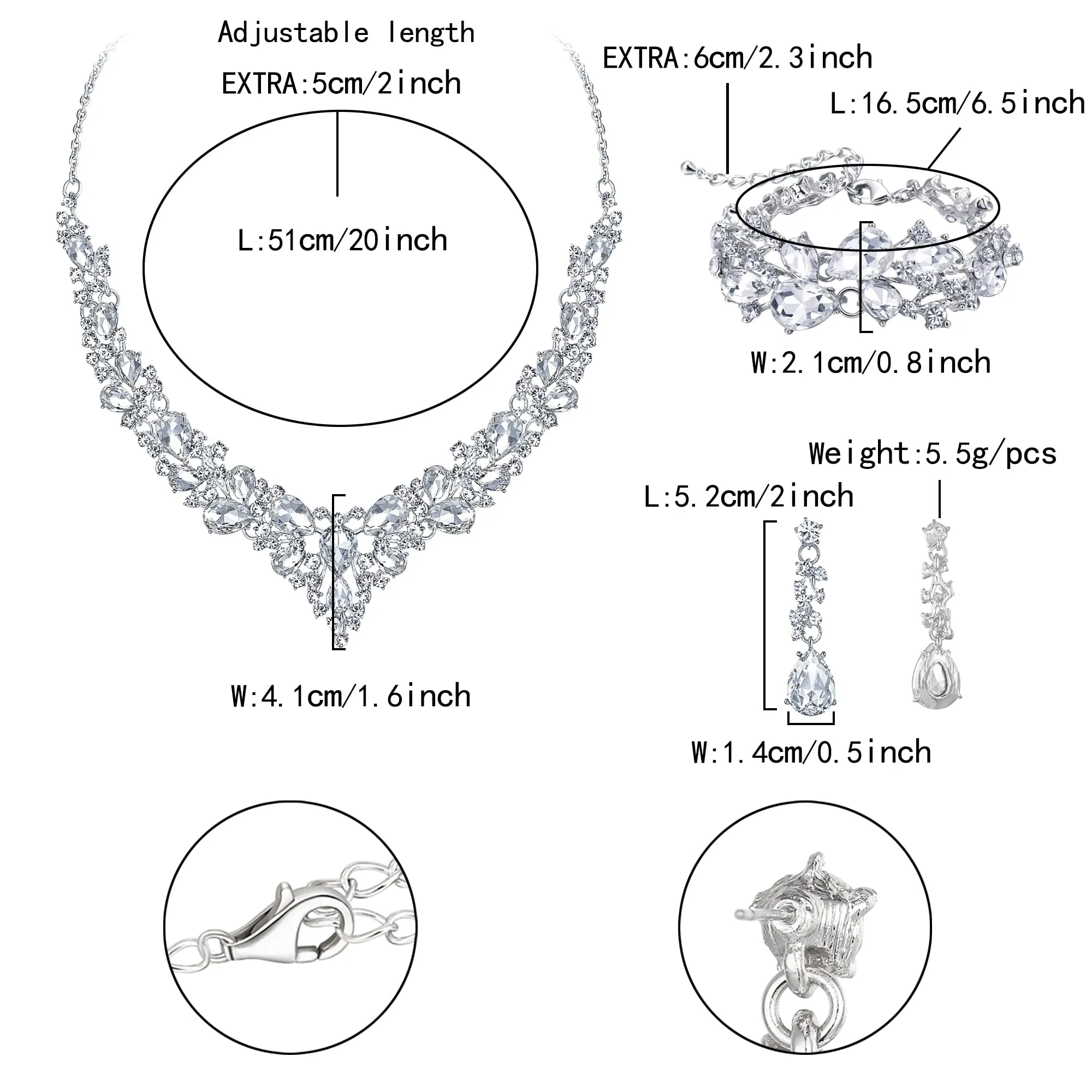 EVER FAITH Set Gioielli da Sposa con Collana a Grappolo, Orecchini Pendenti e Bracciale in Cristallo Goccia Austriaco, Bianco Argento Fondo - immagine 6