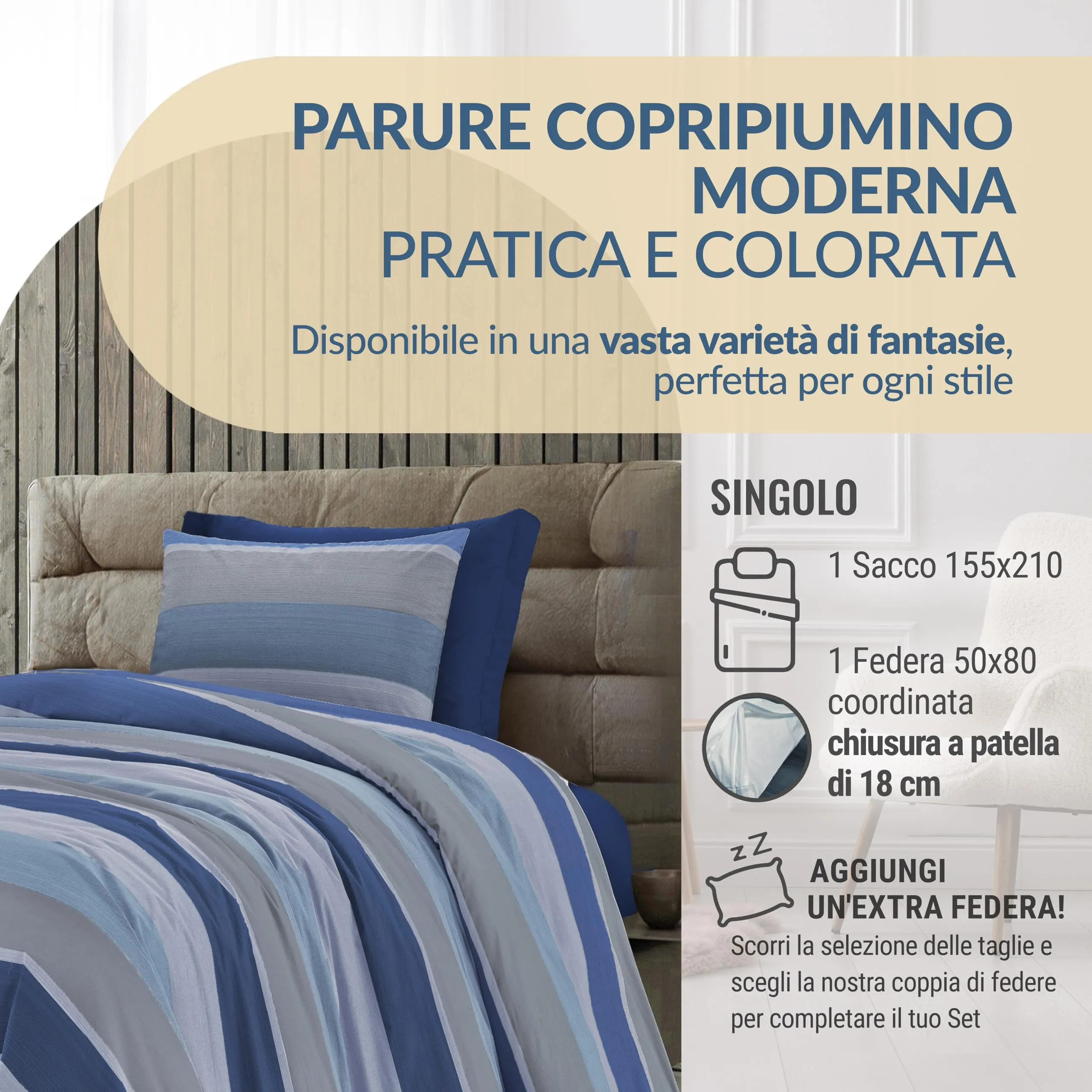 Dorian Home Copripiumino Singolo in Cotone 155x210 cm con Federa, Blu, Geometrico - immagine 2