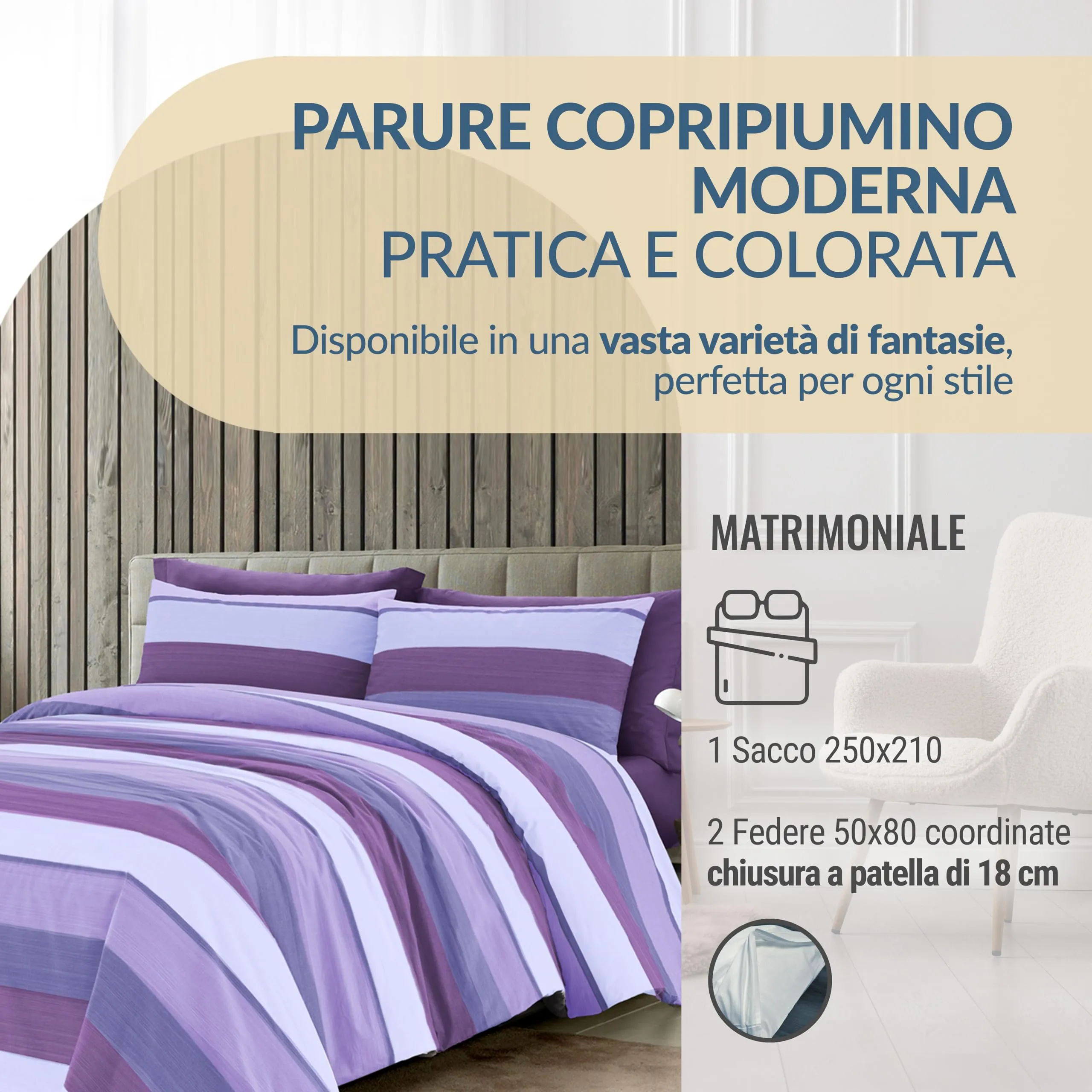 Dorian Home Copripiumino Matrimoniale in Cotone 250x210 cm con 2 Federe, Garda Viola - immagine 2