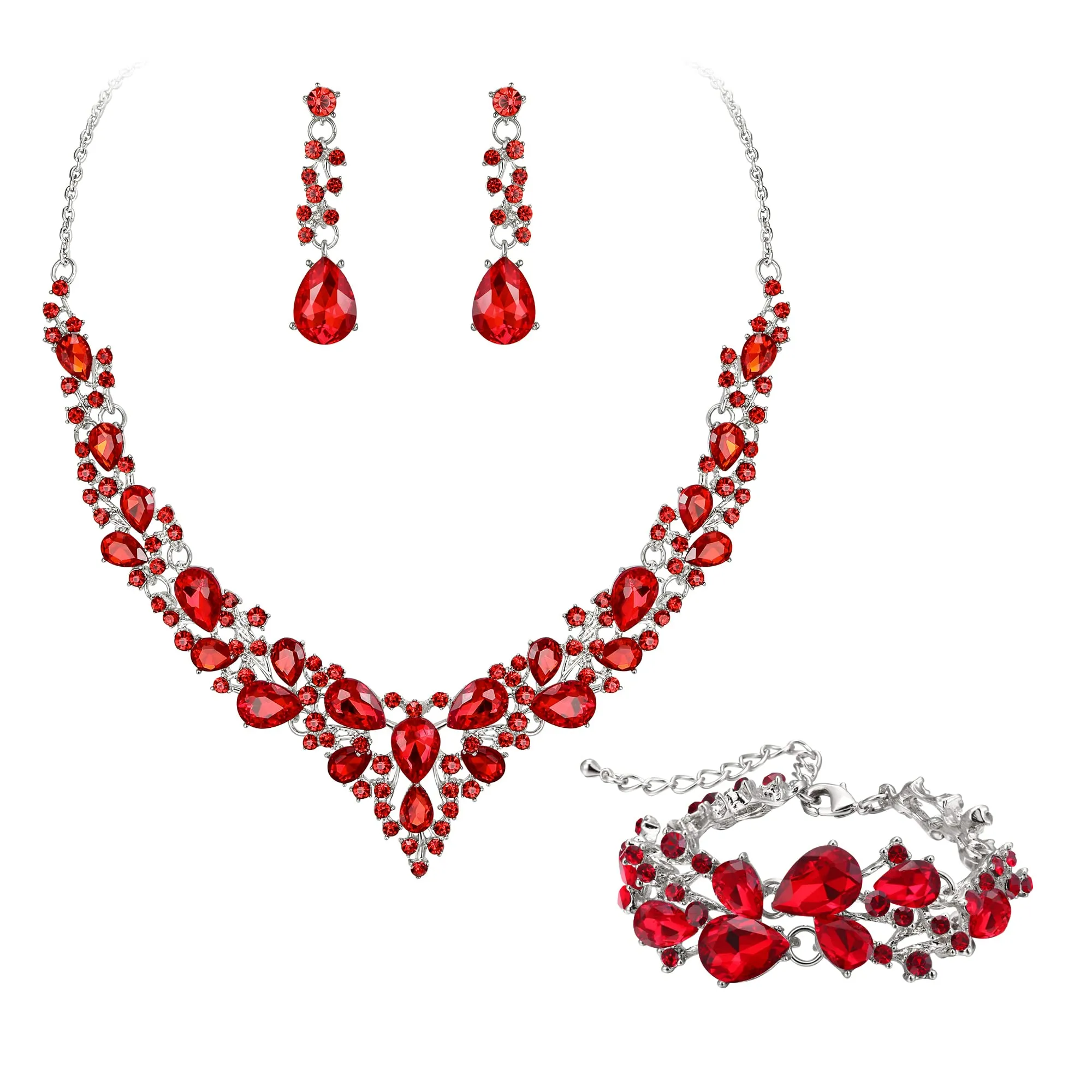 EVER FAITH Set Gioielli in Cristallo Austriaco con Collana, Orecchini e Bracciale - Rosso Argento Fondo - immagine 1