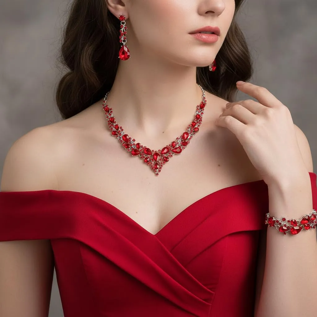 EVER FAITH Set Gioielli in Cristallo Austriaco con Collana, Orecchini e Bracciale - Rosso Argento Fondo - immagine 2