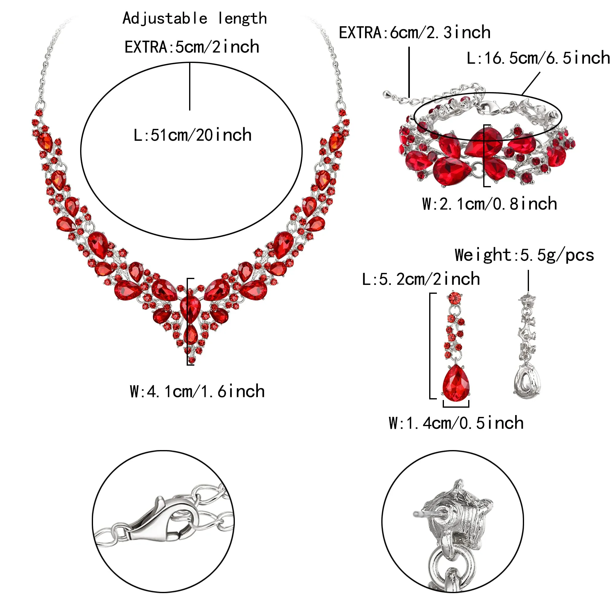 EVER FAITH Set Gioielli in Cristallo Austriaco con Collana, Orecchini e Bracciale - Rosso Argento Fondo - immagine 5