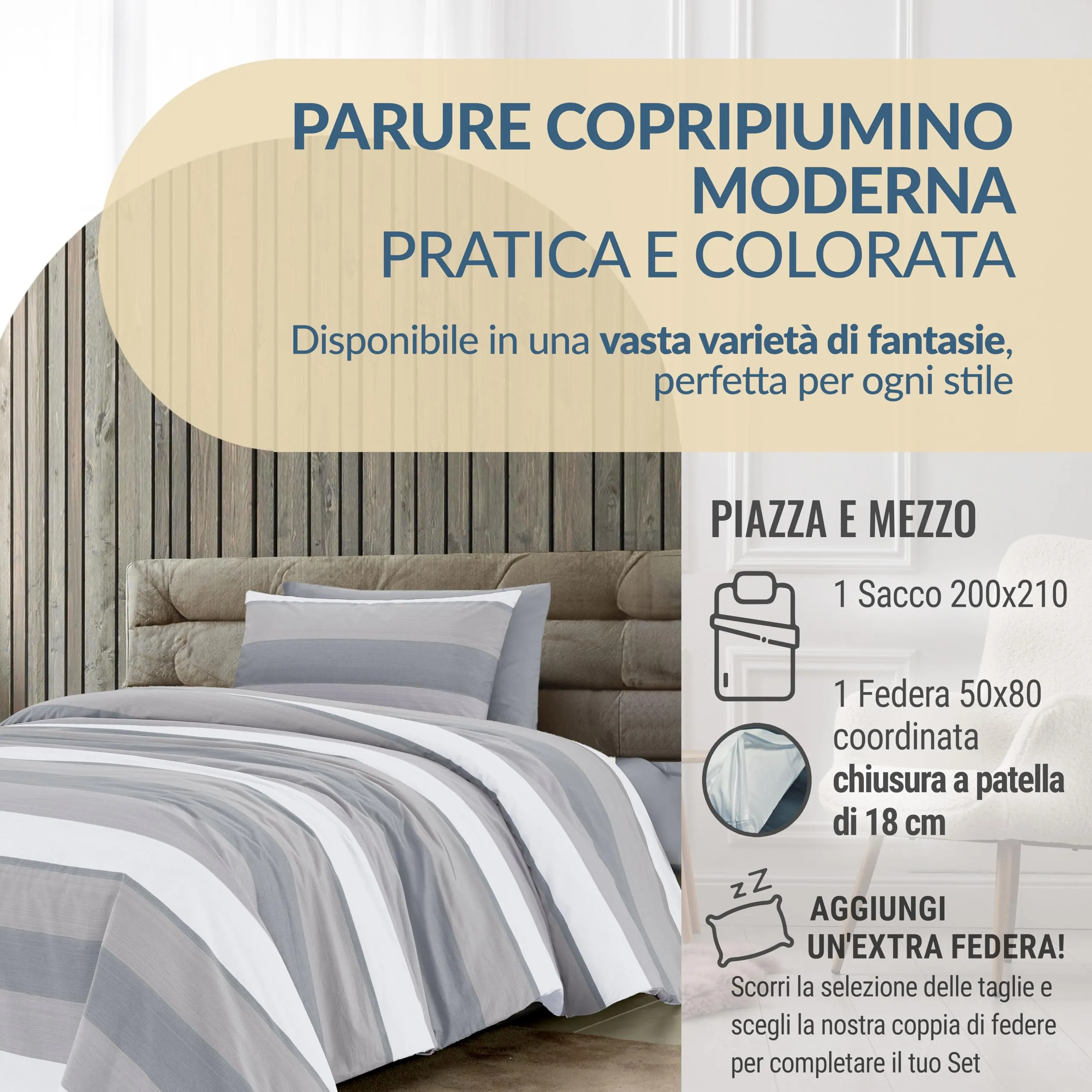 Dorian Home Set Copripiumino Una Piazza e Mezza in Cotone 200x210 cm con Federa, Garda Grigio - immagine 2