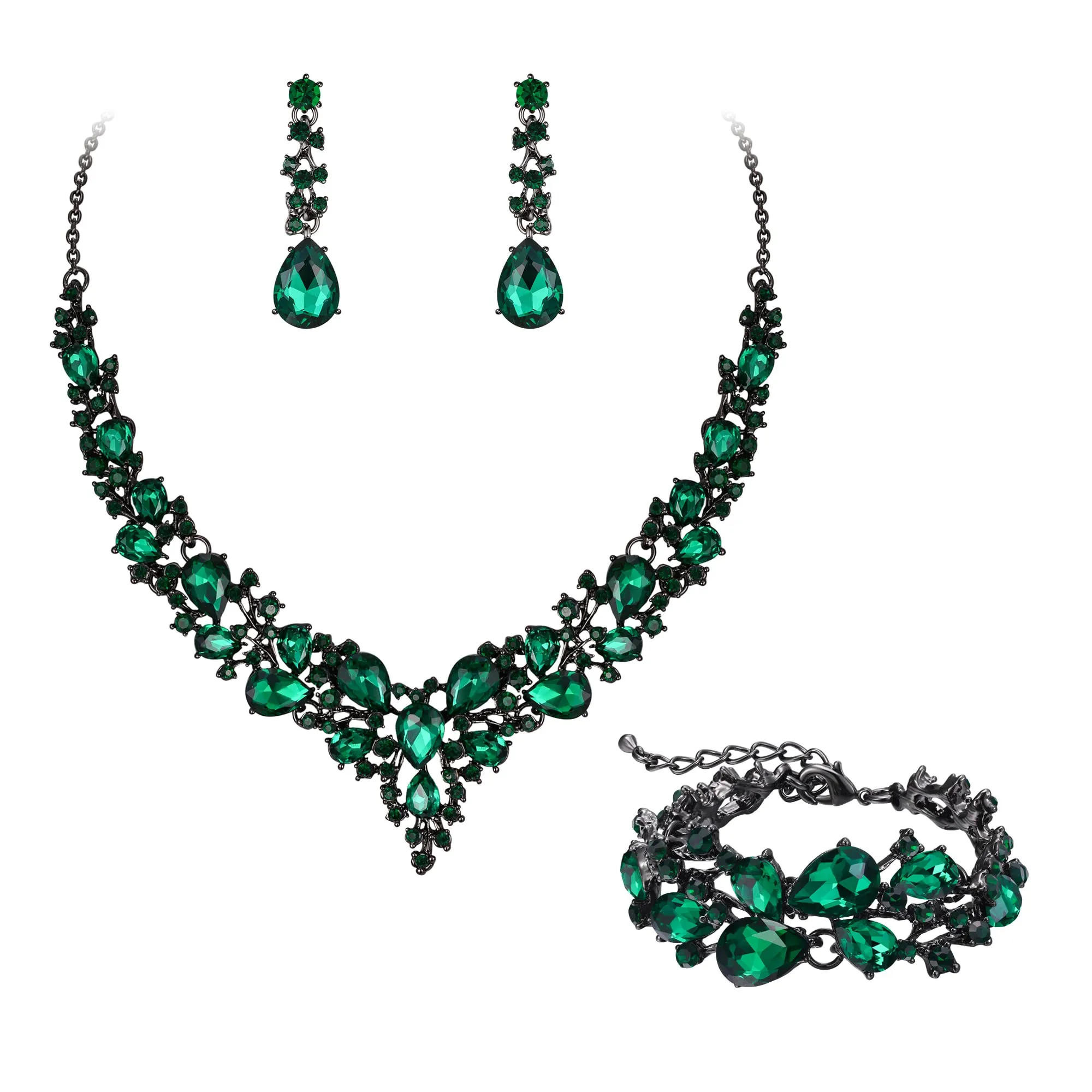 EVER FAITH Gioielli da Sposa in Cristallo Austriaco, Collana, Orecchini Pendenti e Bracciale, Verde Nero-Fondo - immagine 1