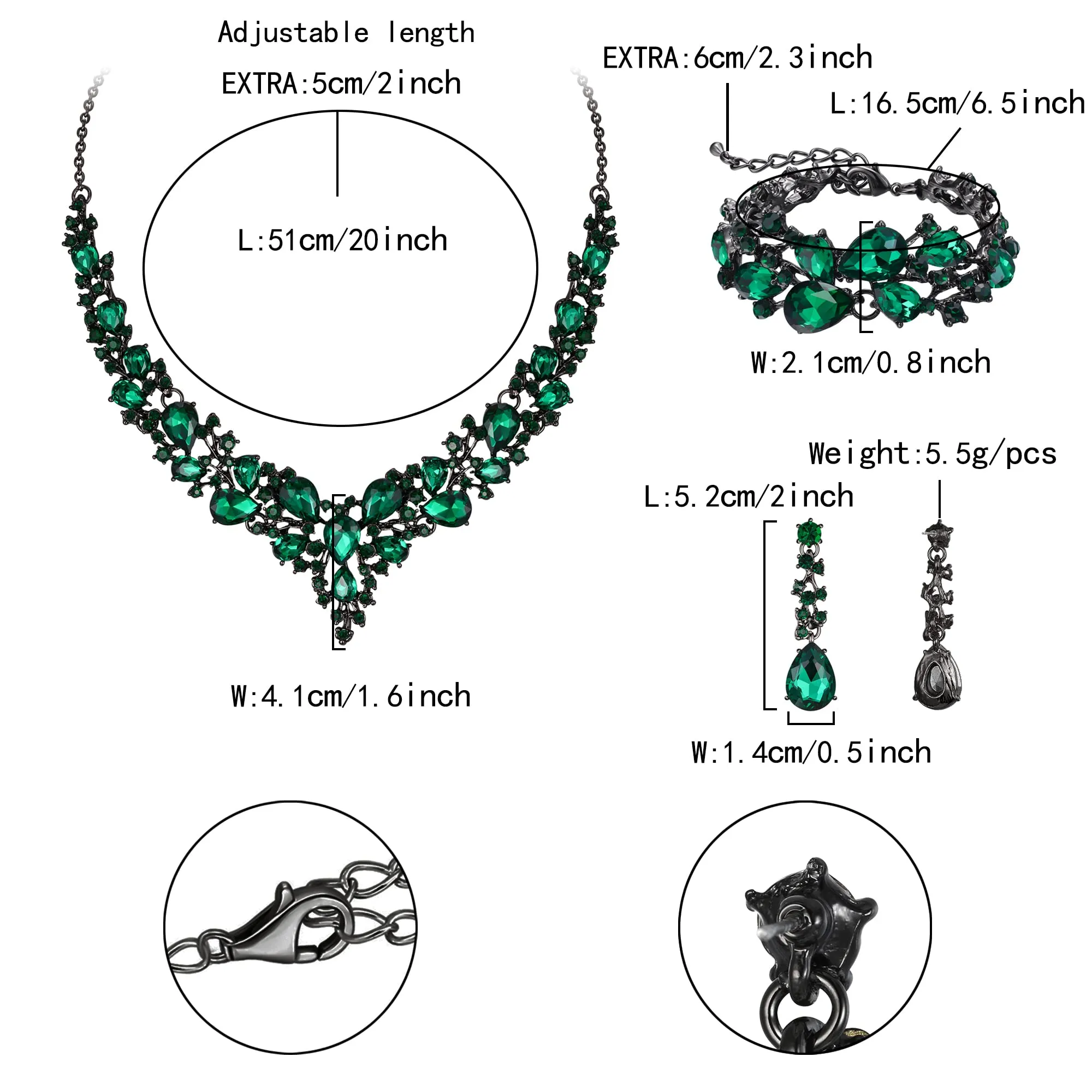 EVER FAITH Gioielli da Sposa in Cristallo Austriaco, Collana, Orecchini Pendenti e Bracciale, Verde Nero-Fondo - immagine 4