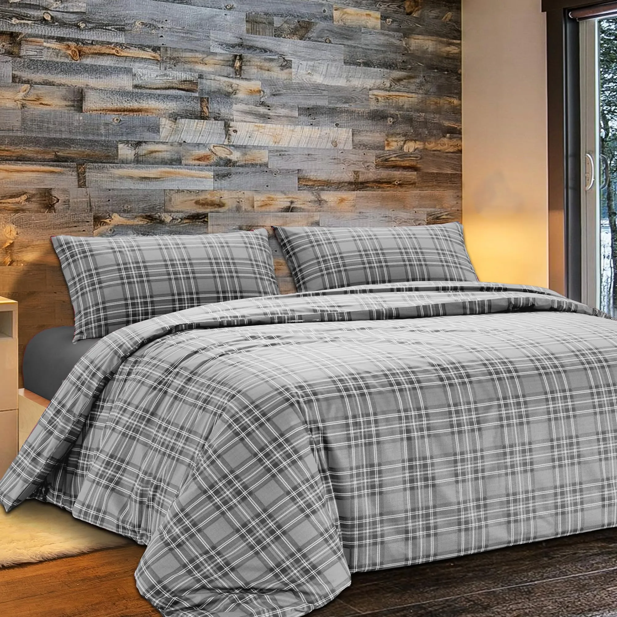 Dorian Home Copripiumino Matrimoniale in Cotone 250x210 cm con 2 Federe, Scozzese Grigio - immagine 1