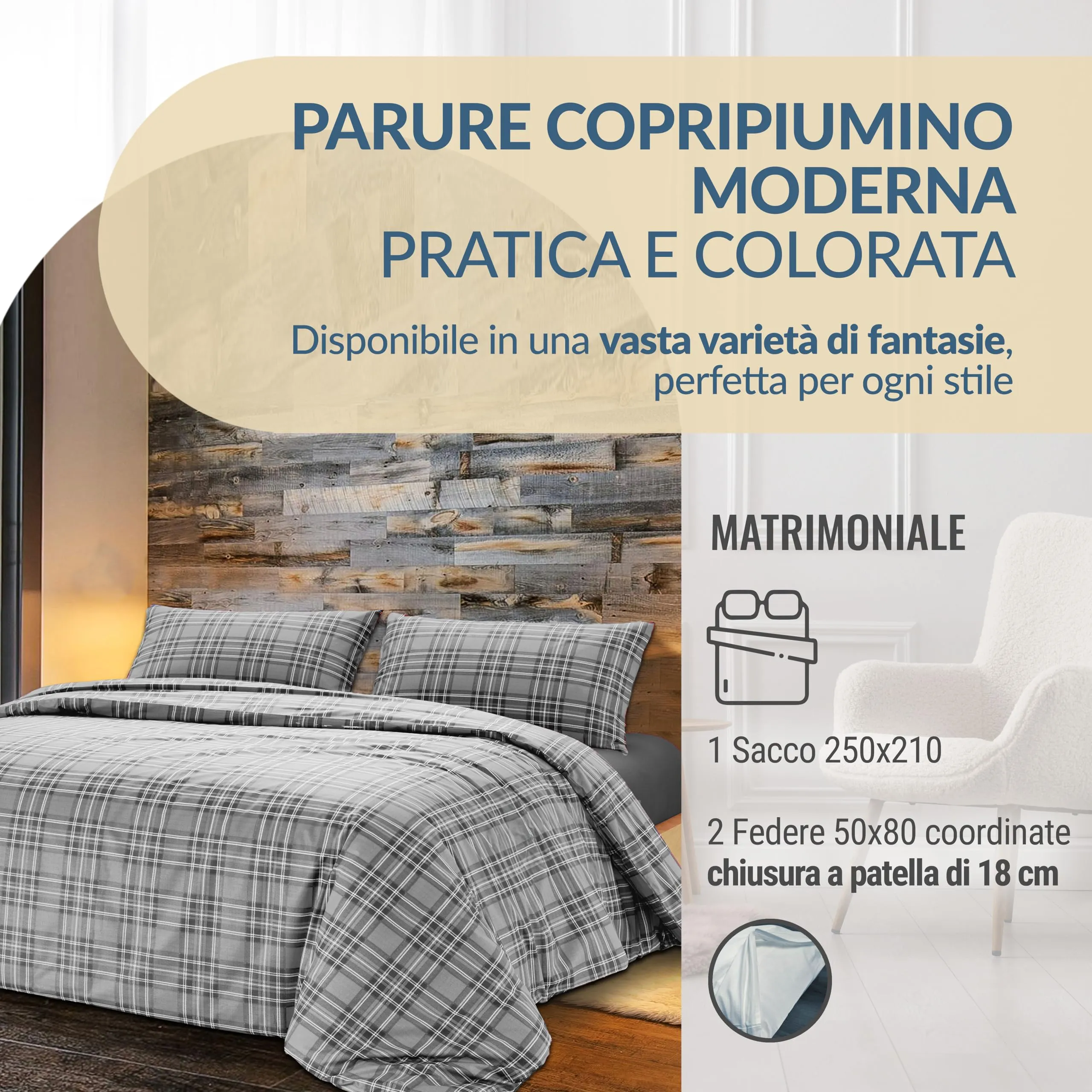 Dorian Home Copripiumino Matrimoniale in Cotone 250x210 cm con 2 Federe, Scozzese Grigio - immagine 2