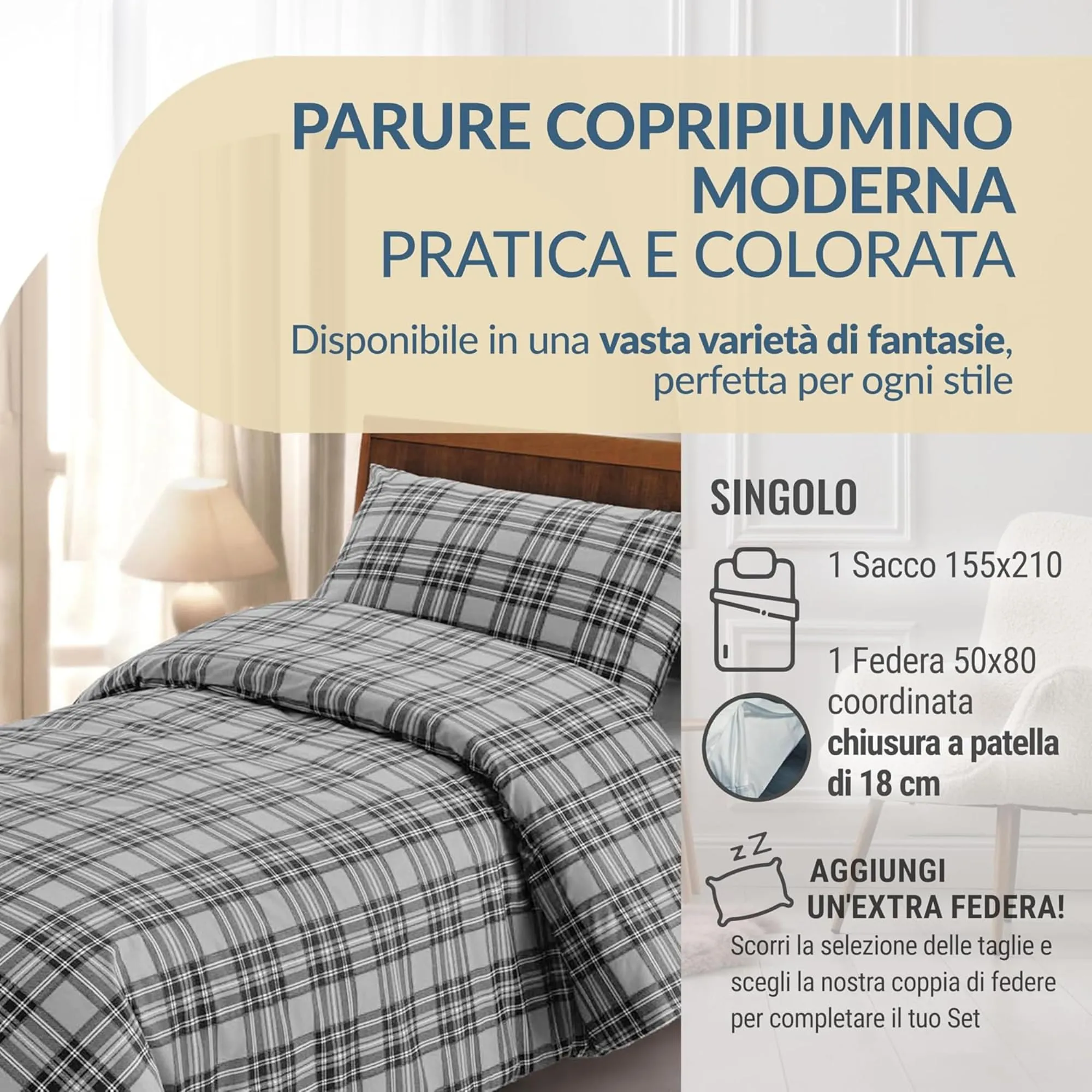 Dorian Home Copripiumino Singolo in Cotone 155x210 cm con Federa, Grigio Scozzese - immagine 2