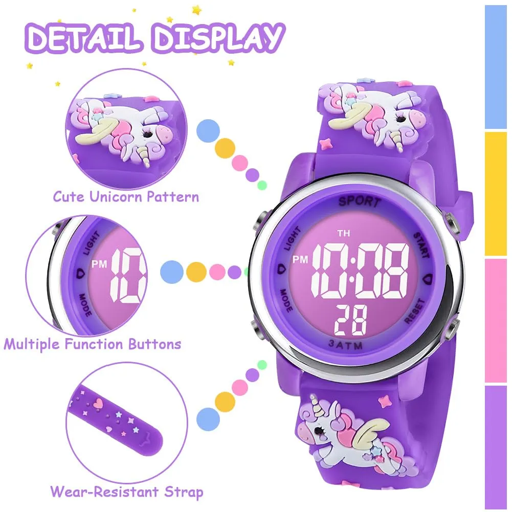 Vicloon Orologio Digitale per Bambini, Design Unicorno 3D, Impermeabile con Retroilluminazione a 7 Colori - immagine 3