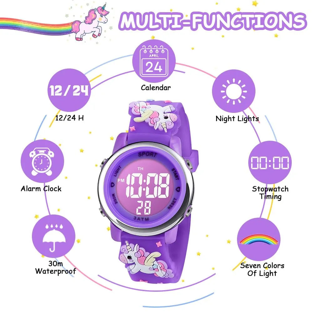 Vicloon Orologio Digitale per Bambini, Design Unicorno 3D, Impermeabile con Retroilluminazione a 7 Colori - immagine 4
