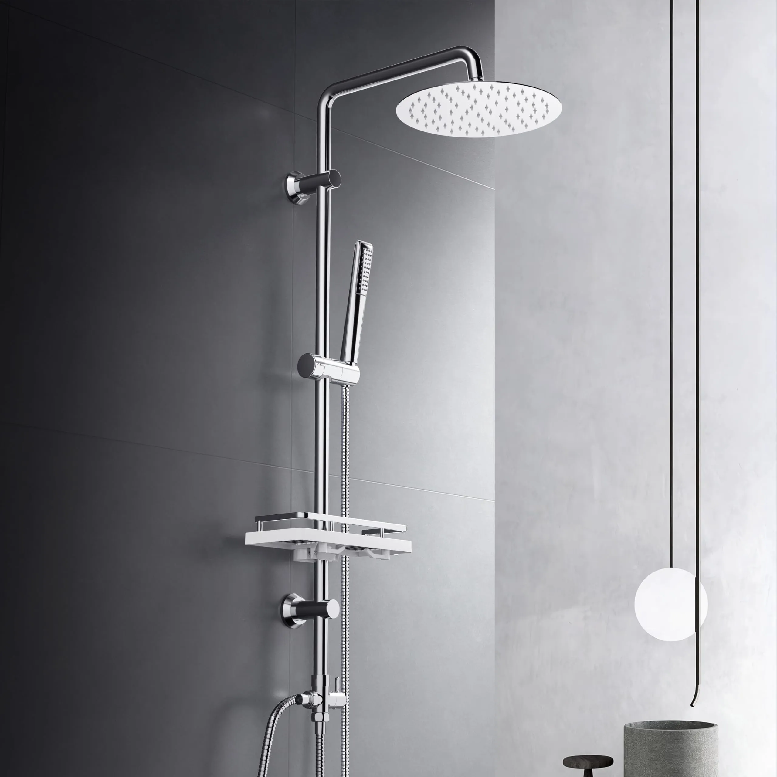 Görbach Colonna Doccia in Acciaio Inox con Soffione 20 cm, Doccetta e Mensola, Cromo - immagine 1