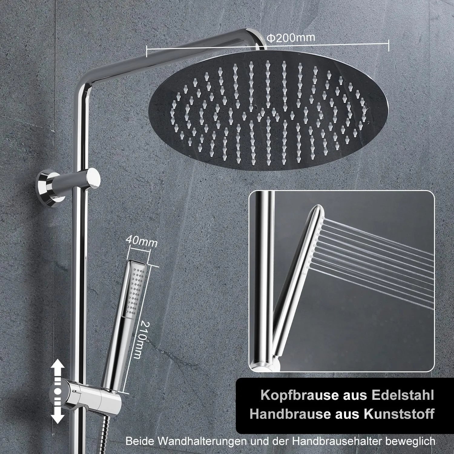 Görbach Colonna Doccia in Acciaio Inox con Soffione 20 cm, Doccetta e Mensola, Cromo - immagine 2