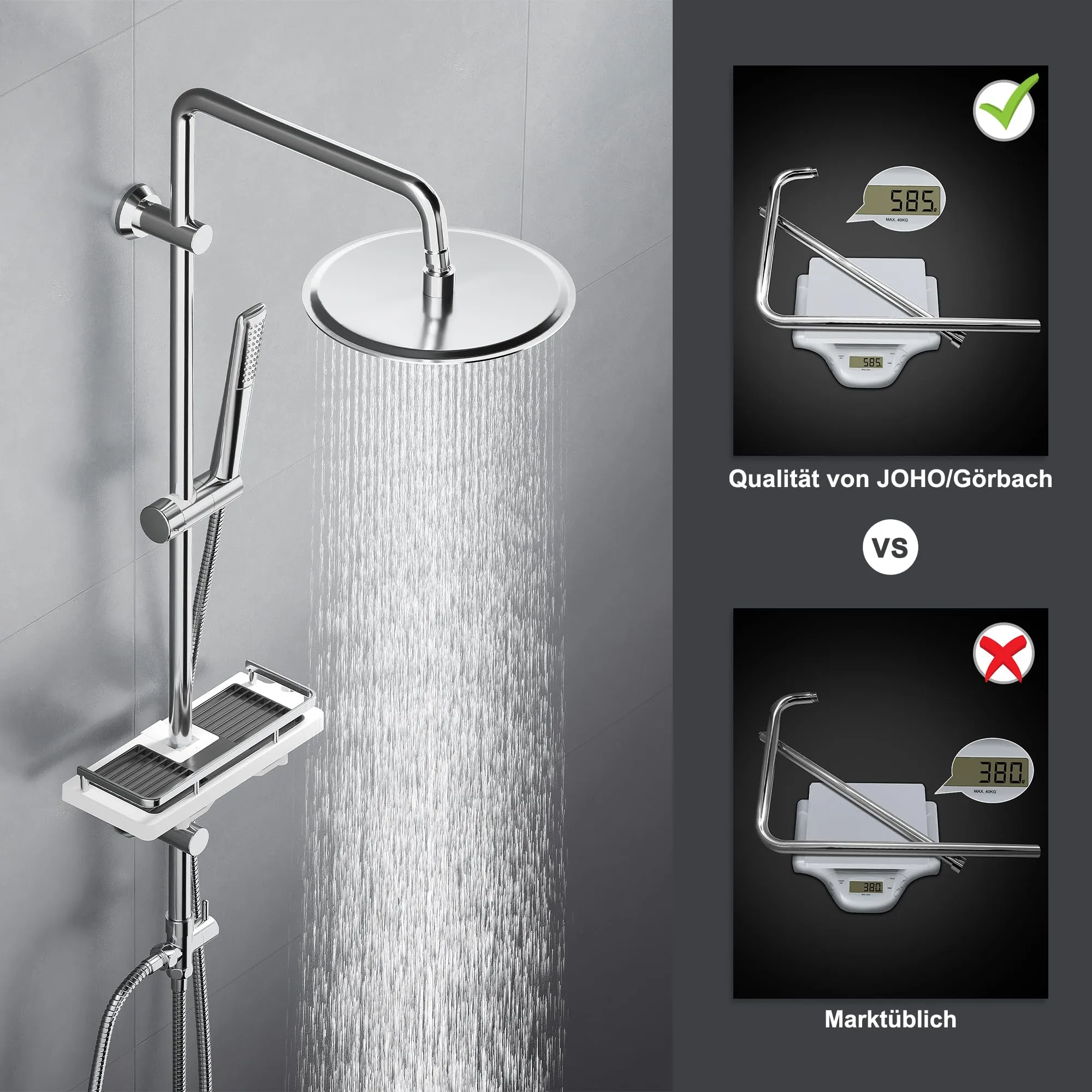 Görbach Colonna Doccia in Acciaio Inox con Soffione 20 cm, Doccetta e Mensola, Cromo - immagine 3