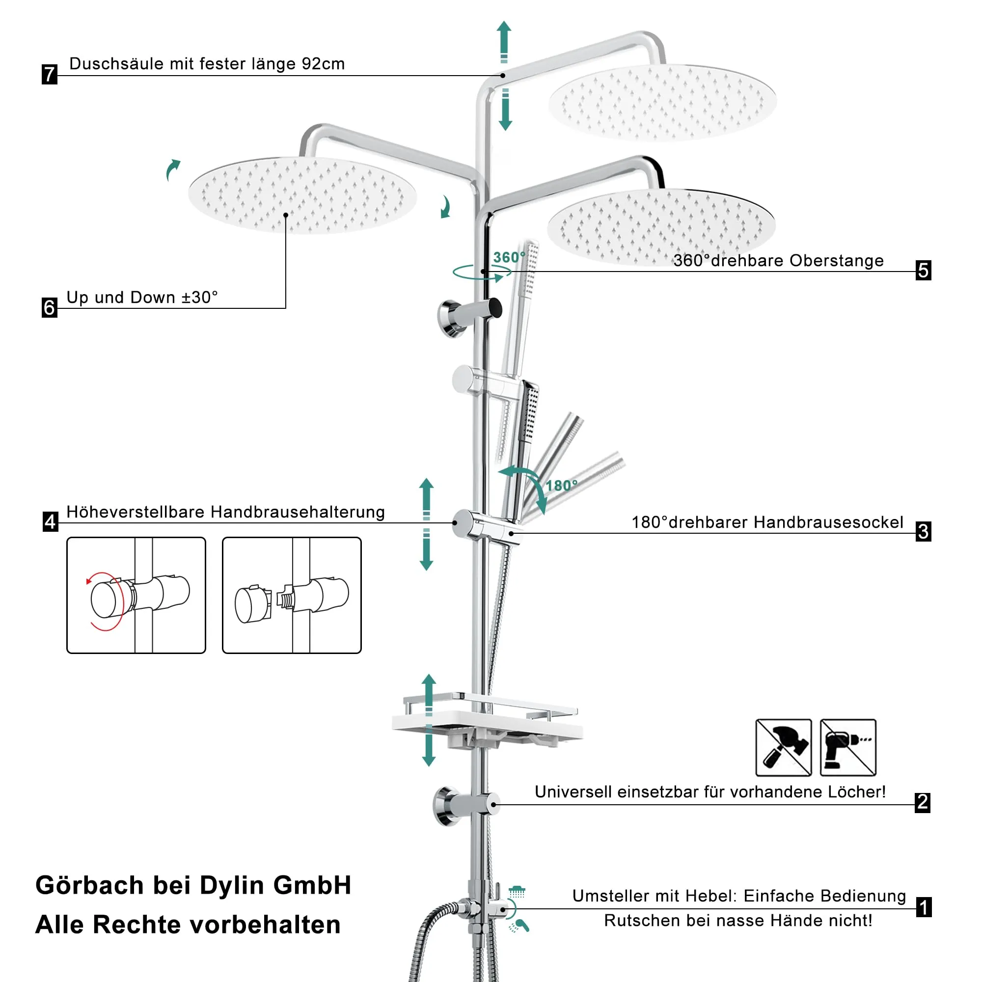 Görbach Colonna Doccia in Acciaio Inox con Soffione 20 cm, Doccetta e Mensola, Cromo - immagine 4