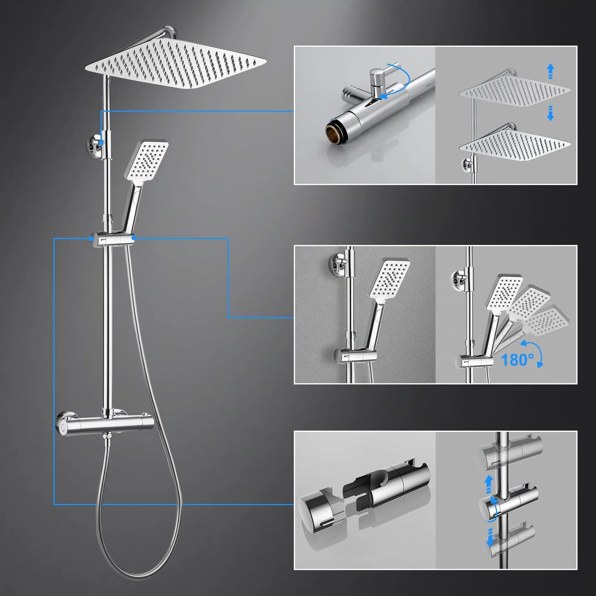 Görbach TM3525CP Colonna Doccia in Acciaio Inox con Miscelatore Termostatico e Soffione Pioggia 35x25 cm, Cromo - immagine 5