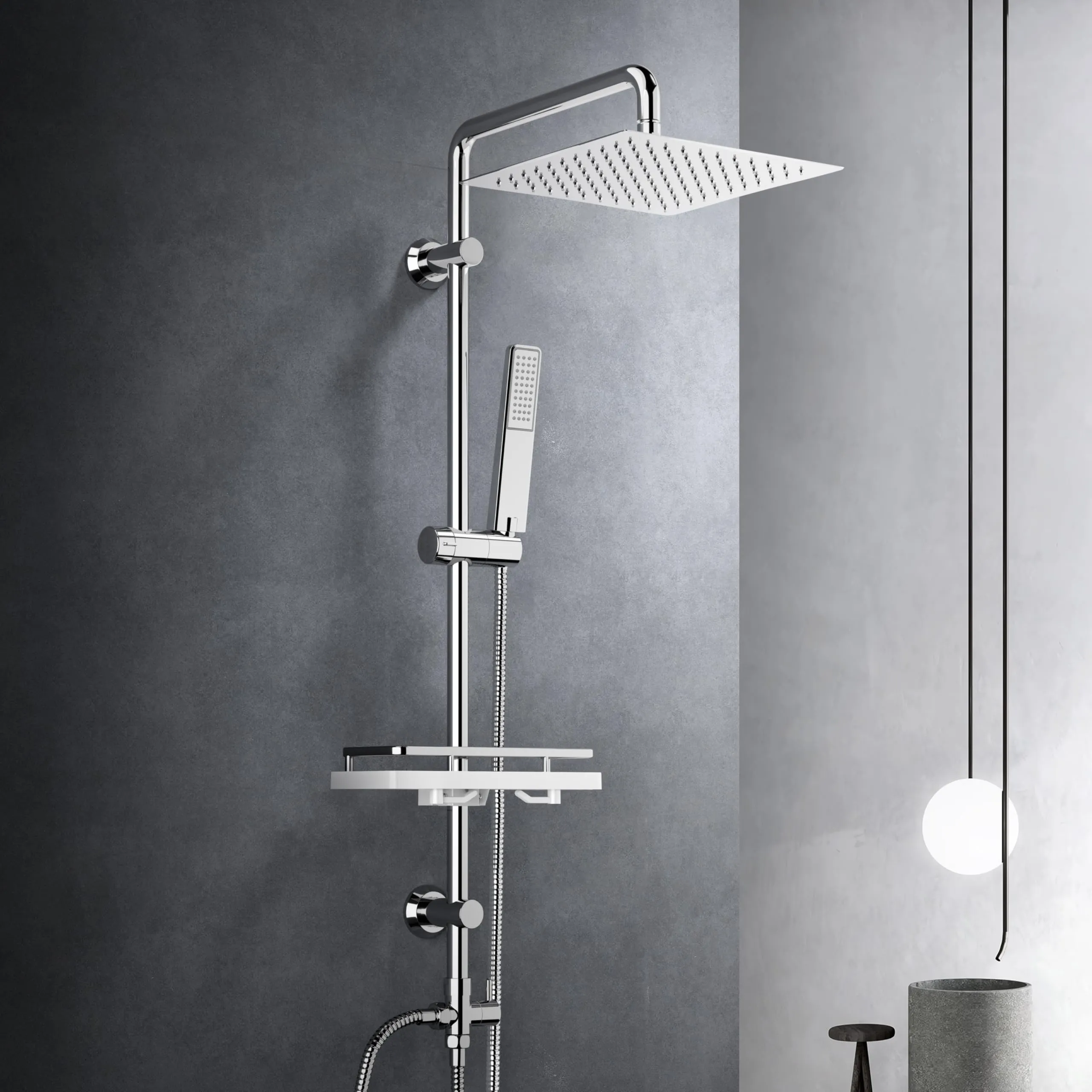 Görbach Colonna Doccia in Acciaio Inox con Soffione 25x25 cm, Mensola e Doccetta, Cromo - immagine 1