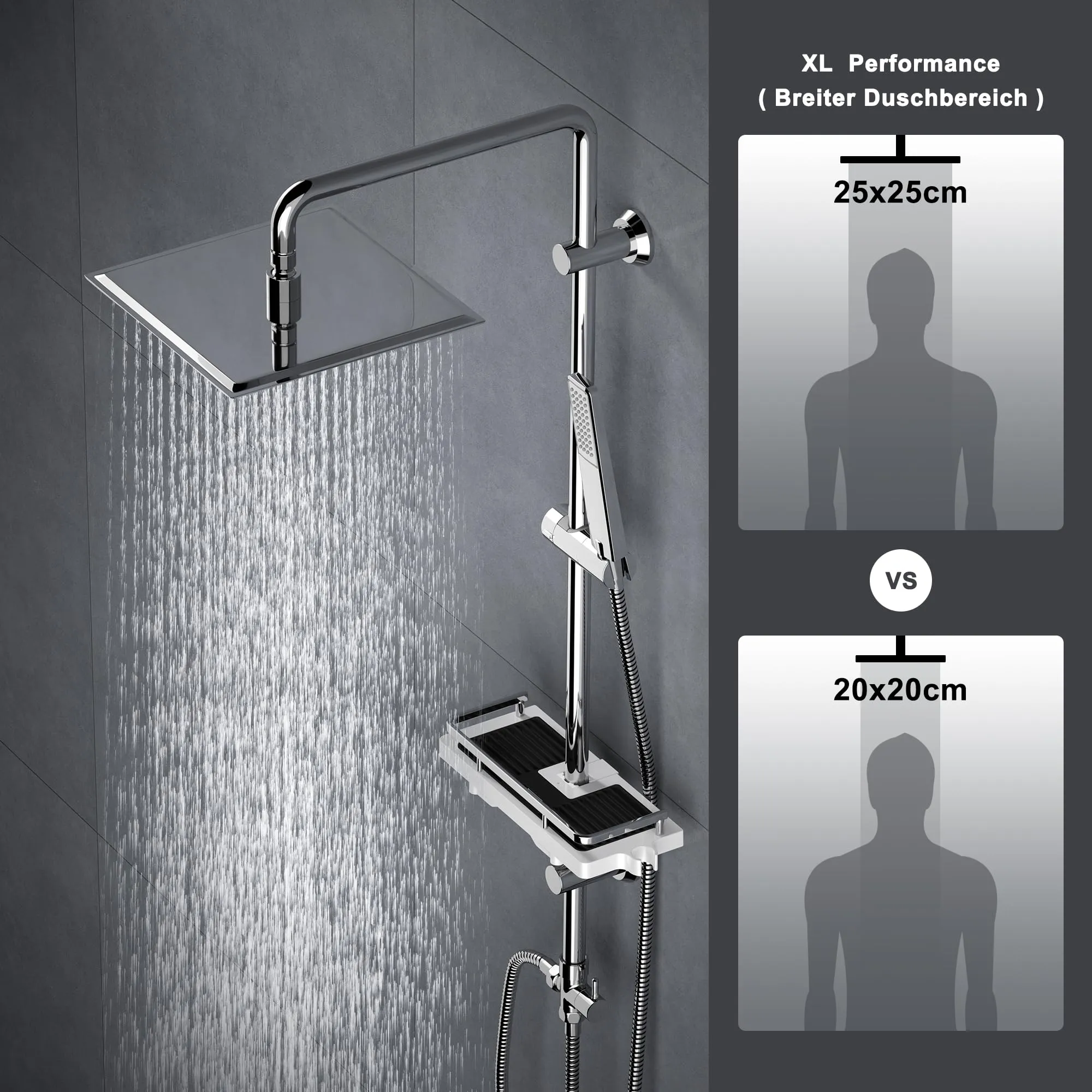 Görbach Colonna Doccia in Acciaio Inox con Soffione 25x25 cm, Mensola e Doccetta, Cromo - immagine 2