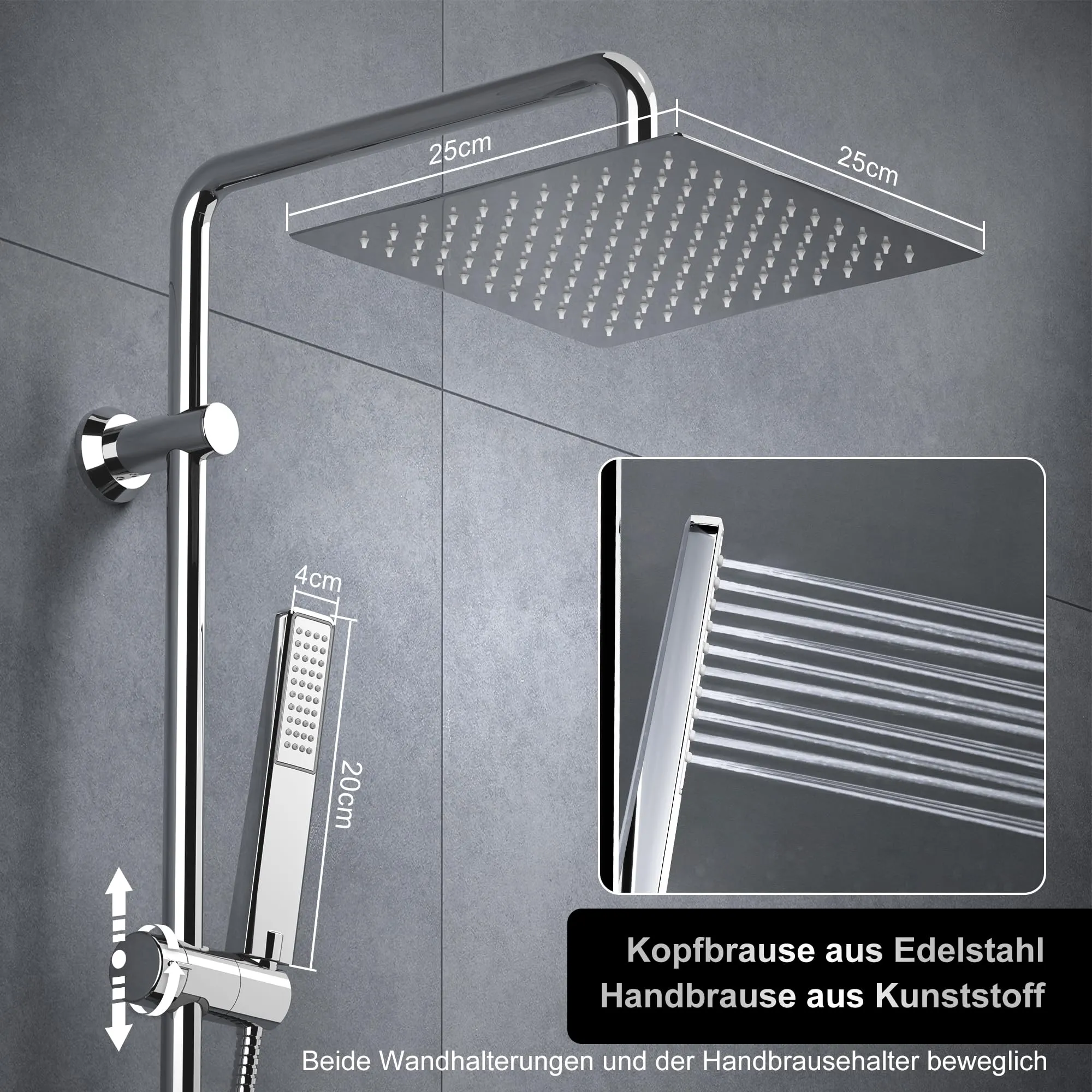 Görbach Colonna Doccia in Acciaio Inox con Soffione 25x25 cm, Mensola e Doccetta, Cromo - immagine 3