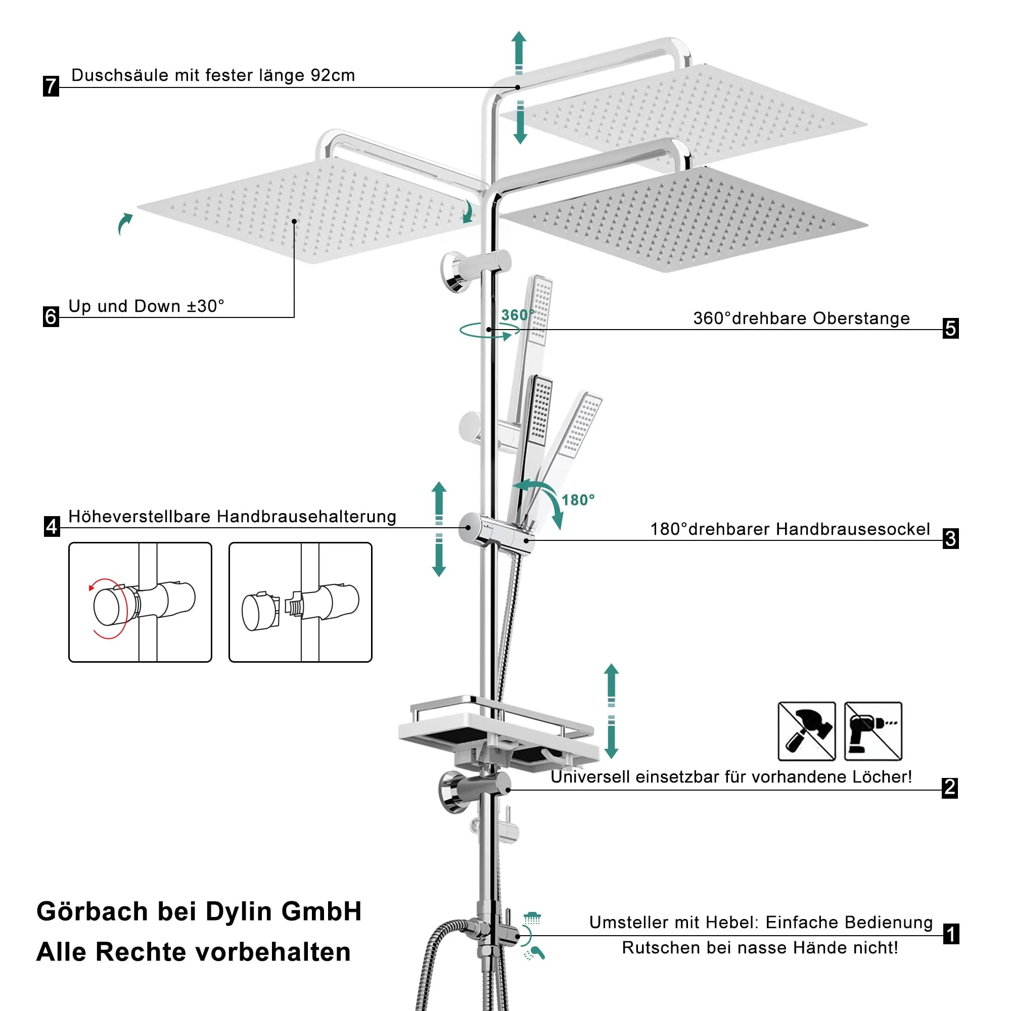Görbach Colonna Doccia in Acciaio Inox con Soffione 25x25 cm, Mensola e Doccetta, Cromo - immagine 5