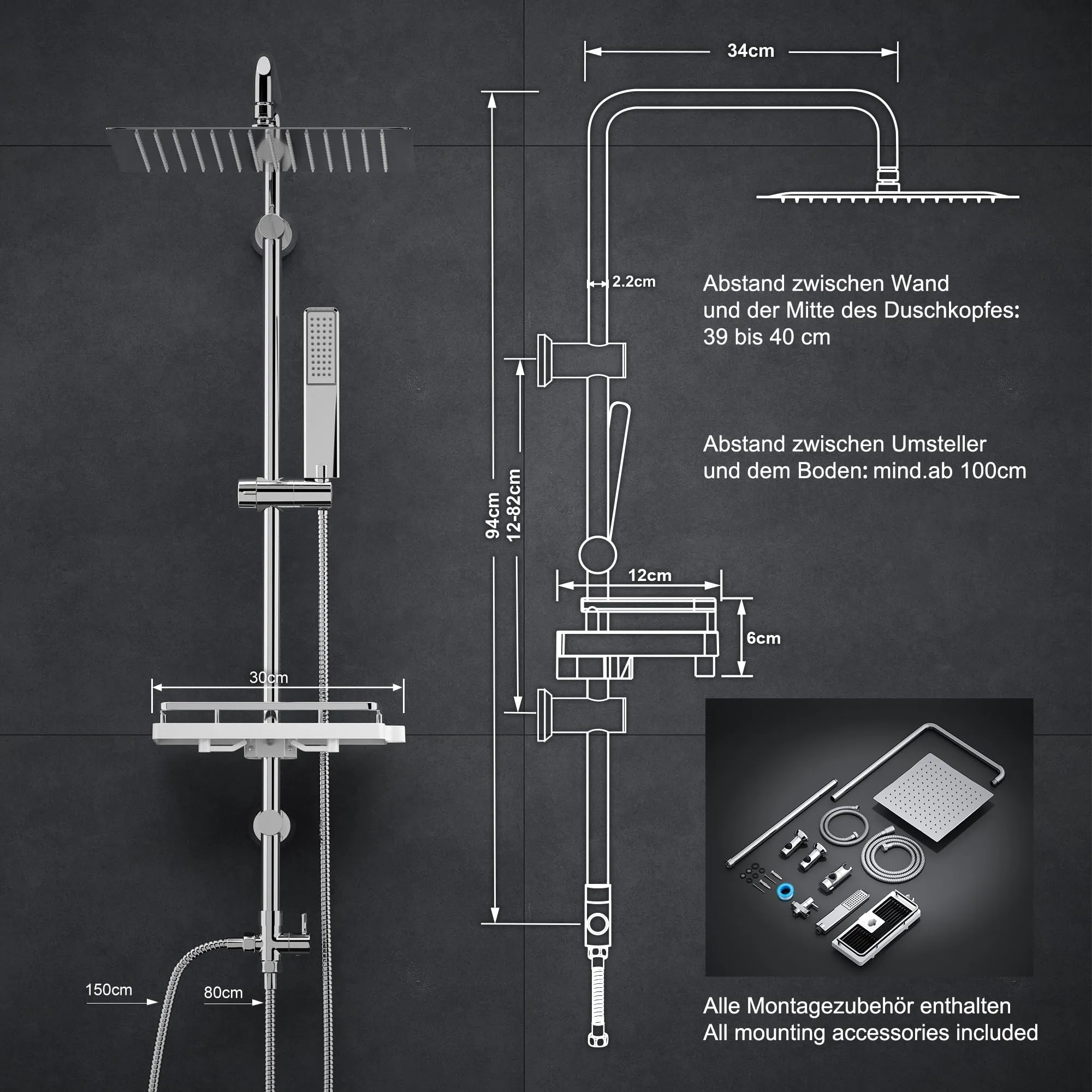 Görbach Colonna Doccia in Acciaio Inox con Soffione 25x25 cm, Mensola e Doccetta, Cromo - immagine 6