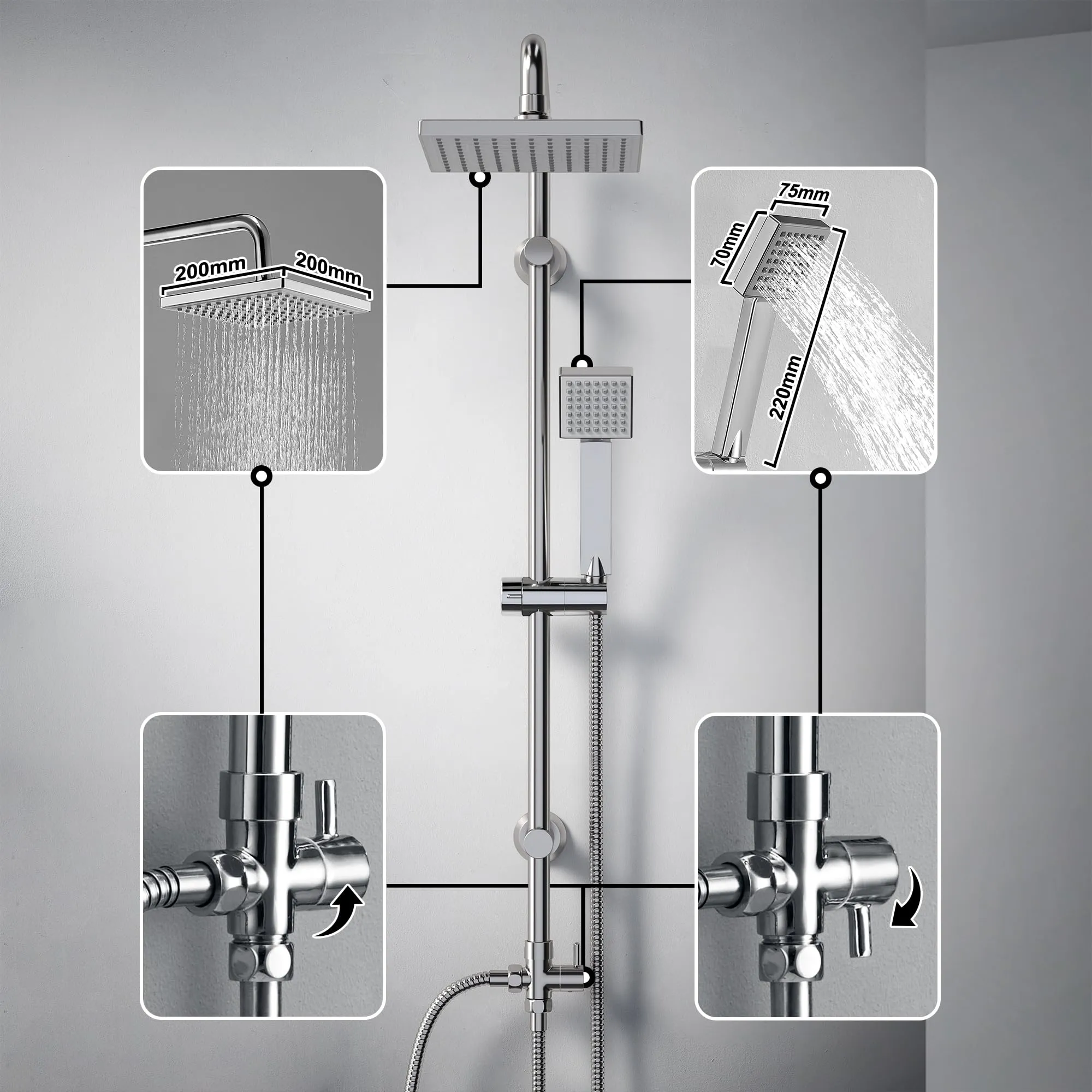Görbach Colonna Doccia in Acciaio Inox con Soffione ABS 20×20 cm, Set Doccia a Pioggia con Mensola e Asta Regolabile, Cromo (senza Miscelatore) - immagine 2