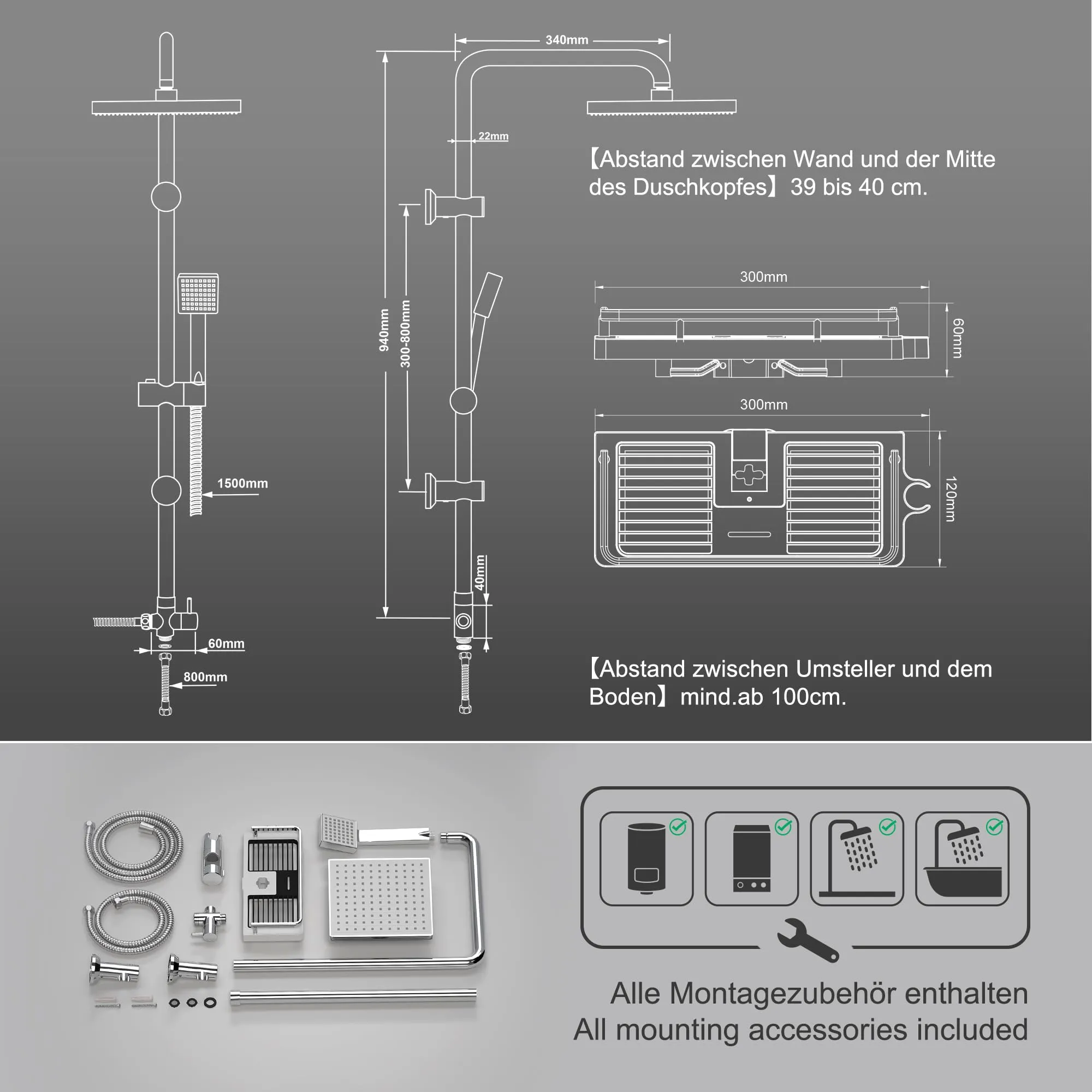 Görbach Colonna Doccia in Acciaio Inox con Soffione ABS 20×20 cm, Set Doccia a Pioggia con Mensola e Asta Regolabile, Cromo (senza Miscelatore) - immagine 7
