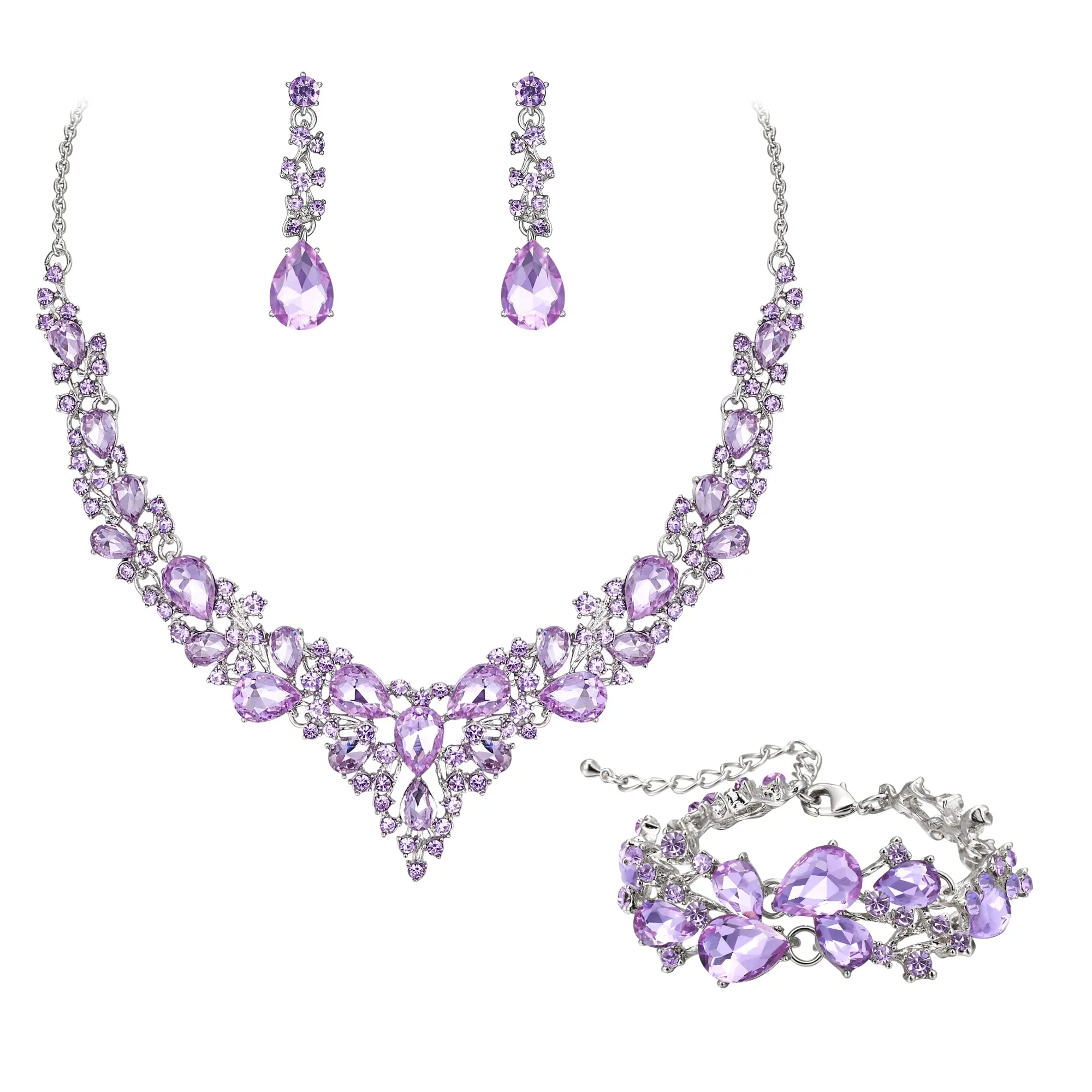 EVER FAITH Set Gioielli da Sposa in Cristallo Austriaco, Collana, Orecchini e Bracciale, Viola Lavanda - immagine 1