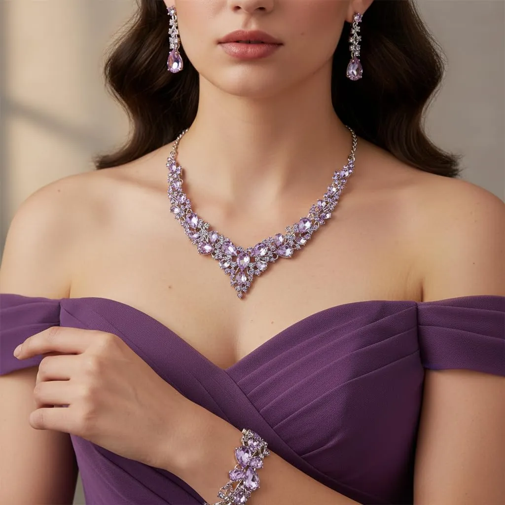 EVER FAITH Set Gioielli da Sposa in Cristallo Austriaco, Collana, Orecchini e Bracciale, Viola Lavanda - immagine 3