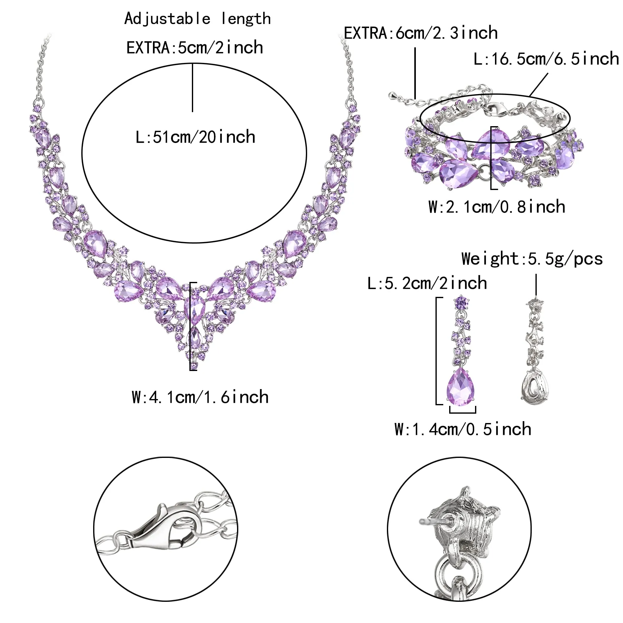 EVER FAITH Set Gioielli da Sposa in Cristallo Austriaco, Collana, Orecchini e Bracciale, Viola Lavanda - immagine 5