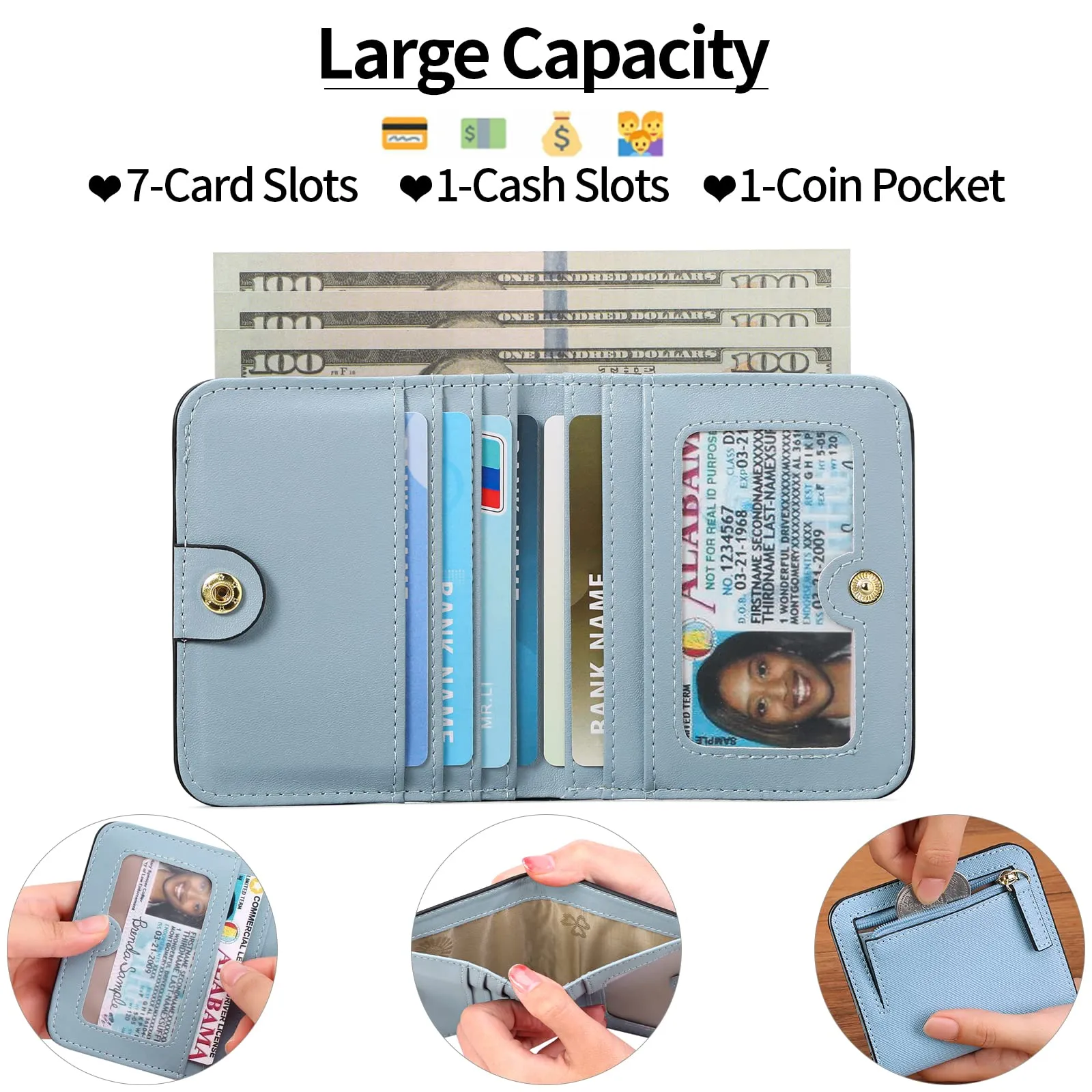 GAEKEAO Portafoglio da Donna in Pelle RFID, Portamonete Piccolo con 7 Scomparti per Carte e Tasca con Cerniera - immagine 2